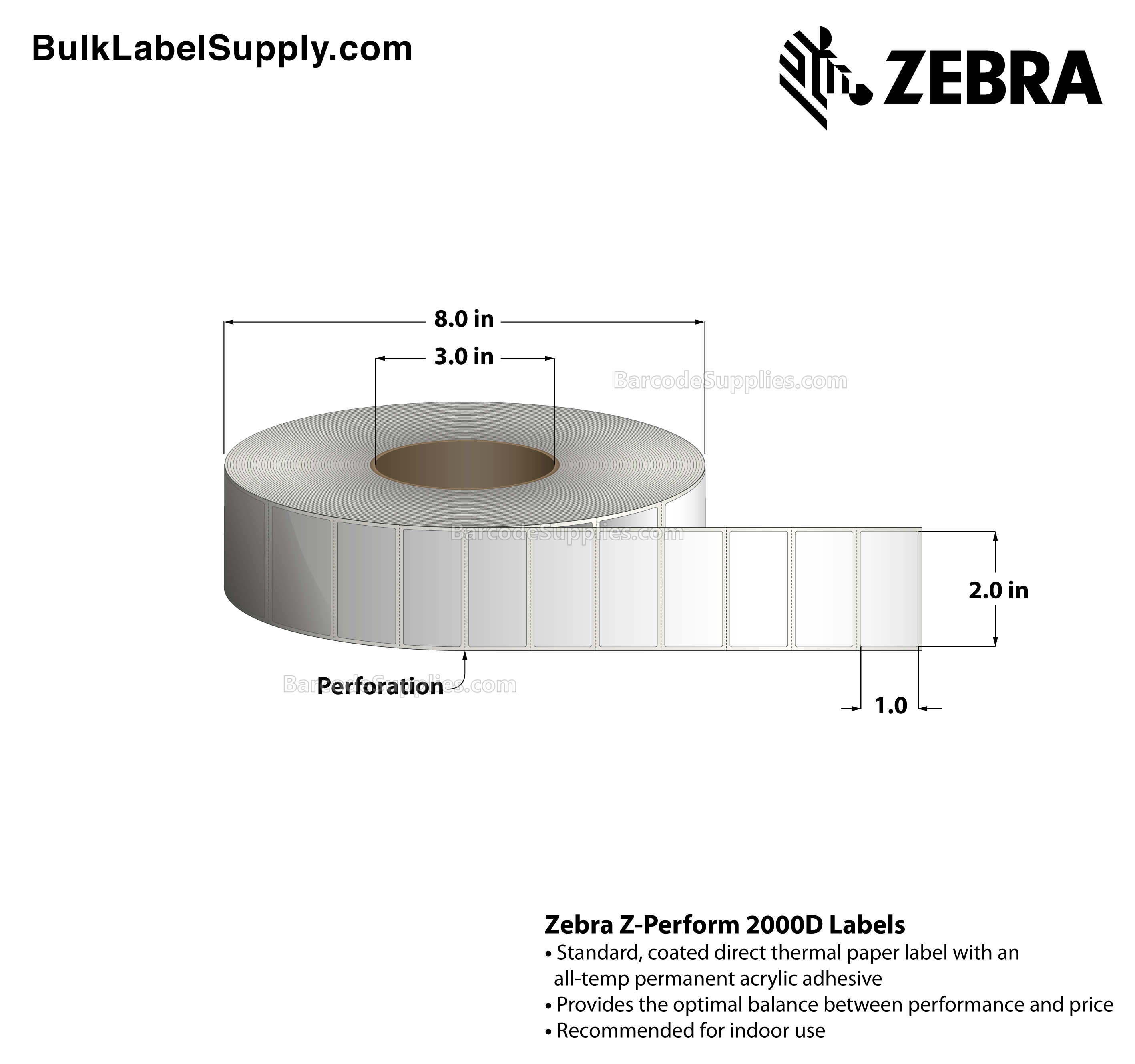2 x 1 Direct Thermal White Z-Perform 2000D Labels With All-Temp Adhesive - Perforated - 5500 Labels Per Roll - Carton Of 8 Rolls - 44000 Labels Total - MPN: 10000298
