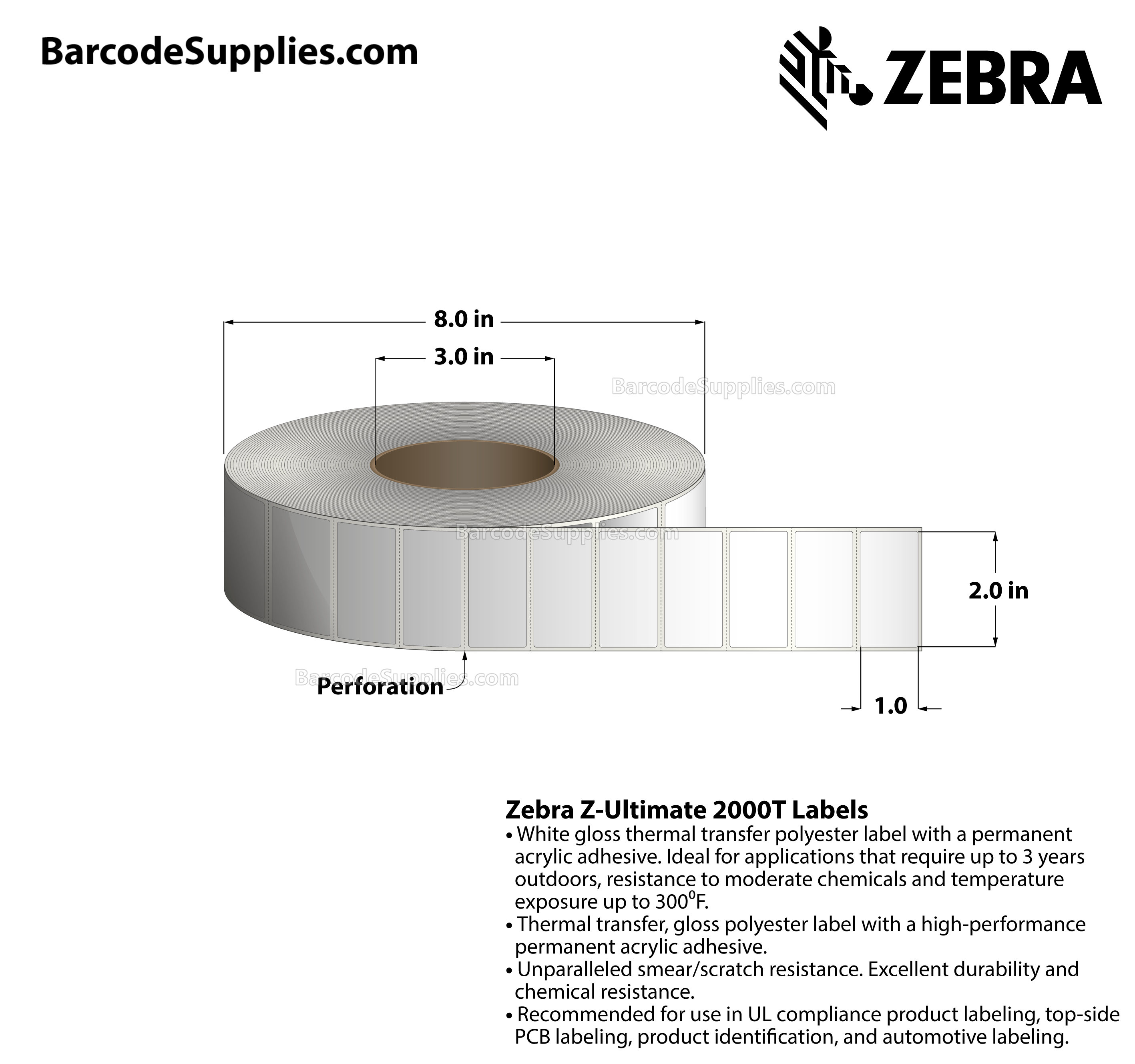 2 x 1 Thermal Transfer White Z-Ultimate 2000T Labels With Permanent Adhesive - Perforated - 5570 Labels Per Roll - Carton Of 4 Rolls - 22280 Labels Total - MPN: 10008512