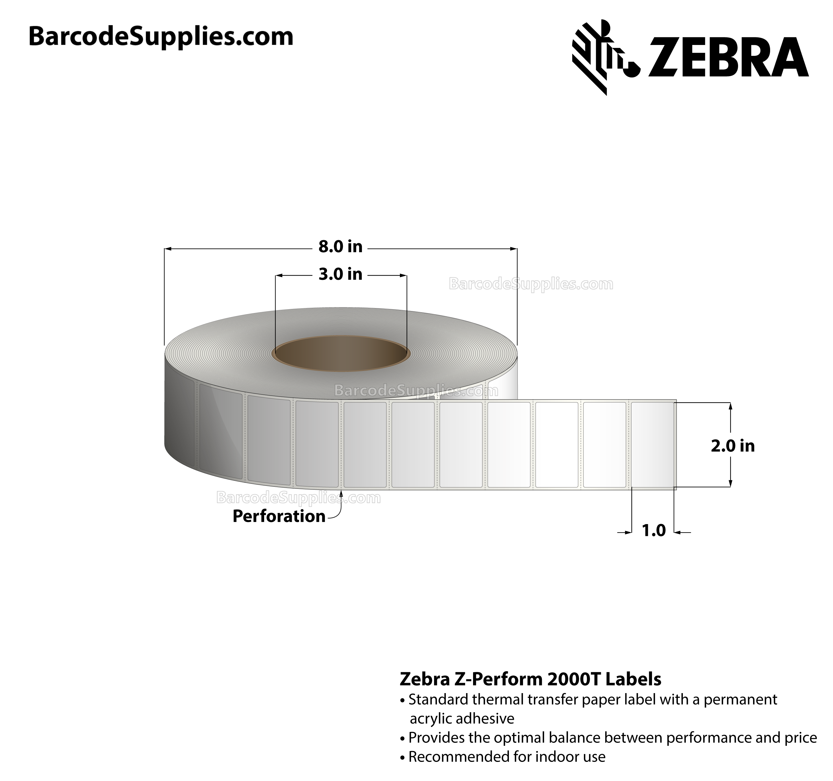 2 x 1 Thermal Transfer White Z-Perform 2000T Labels With Permanent Adhesive - Perforated - 5500 Labels Per Roll - Carton Of 10 Rolls - 55000 Labels Total - MPN: 10000288