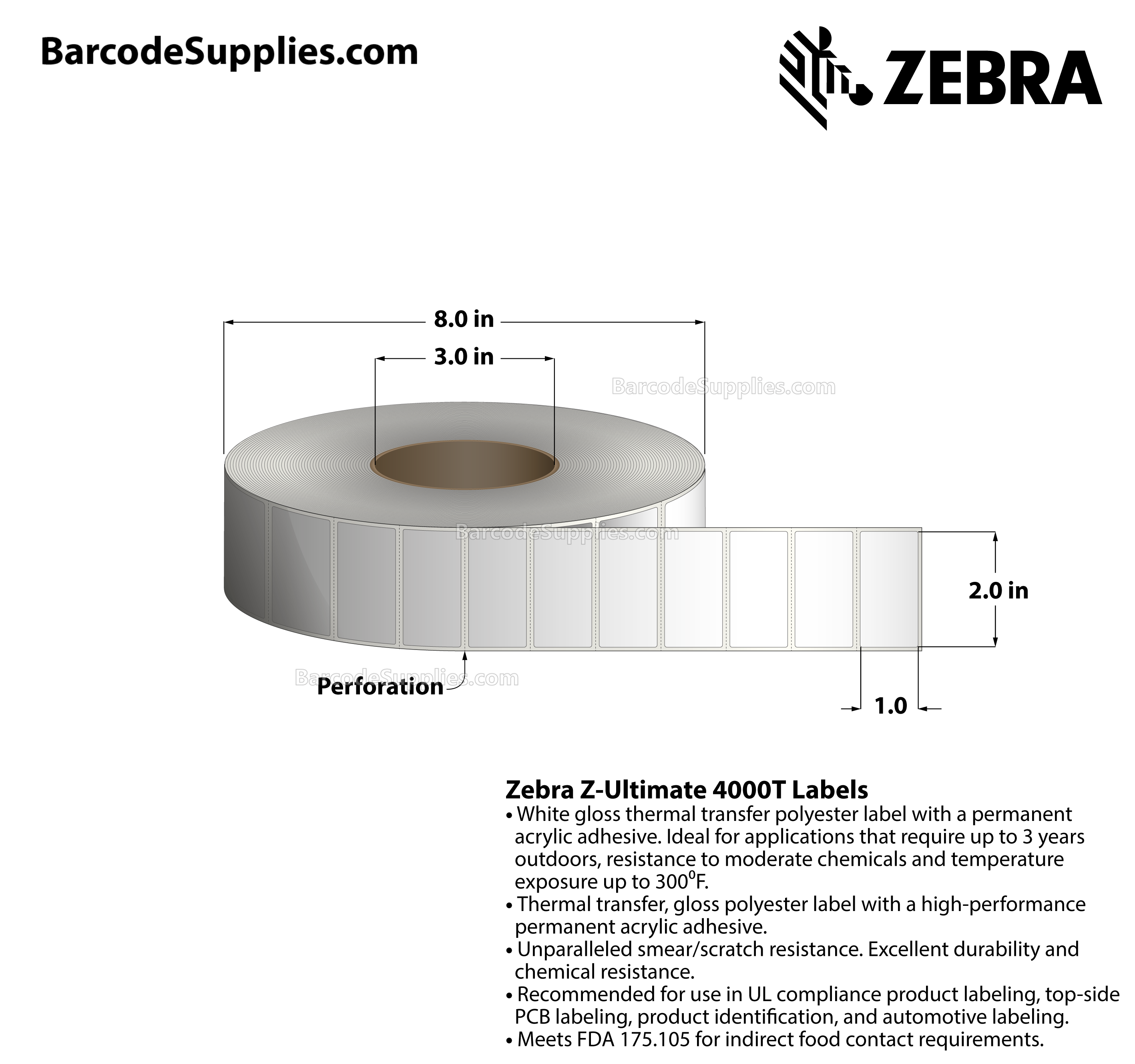 2 x 1 Thermal Transfer White Z-Ultimate 4000T Labels With Permanent Adhesive - Perforated - 5570 Labels Per Roll - Carton Of 4 Rolls - 22280 Labels Total - MPN: 10011708