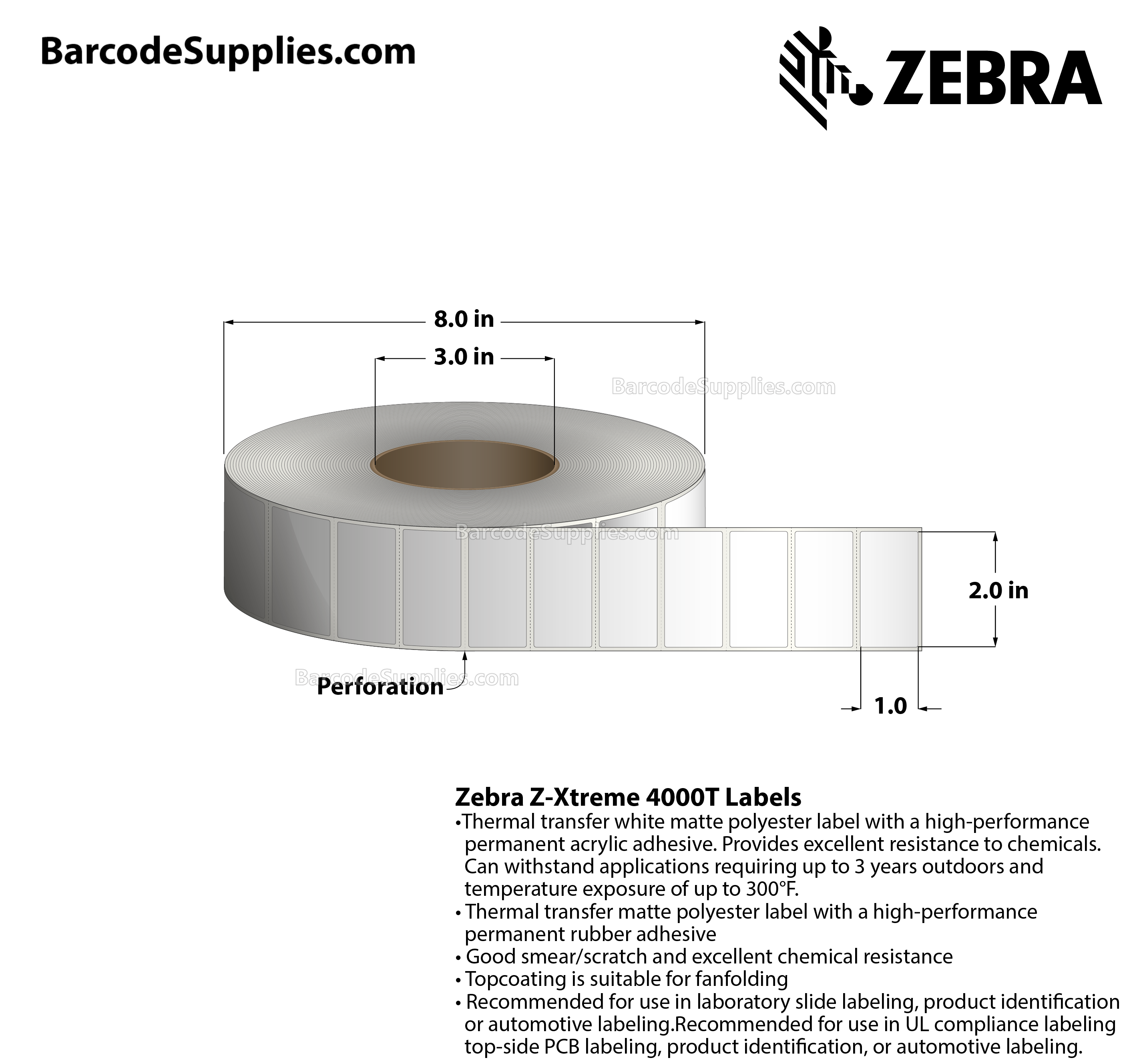 2 x 1 Thermal Transfer White Z-Xtreme 4000T White Labels With Permanent Adhesive - Perforated - 3000 Labels Per Roll - Carton Of 1 Rolls - 3000 Labels Total - MPN: 10023244