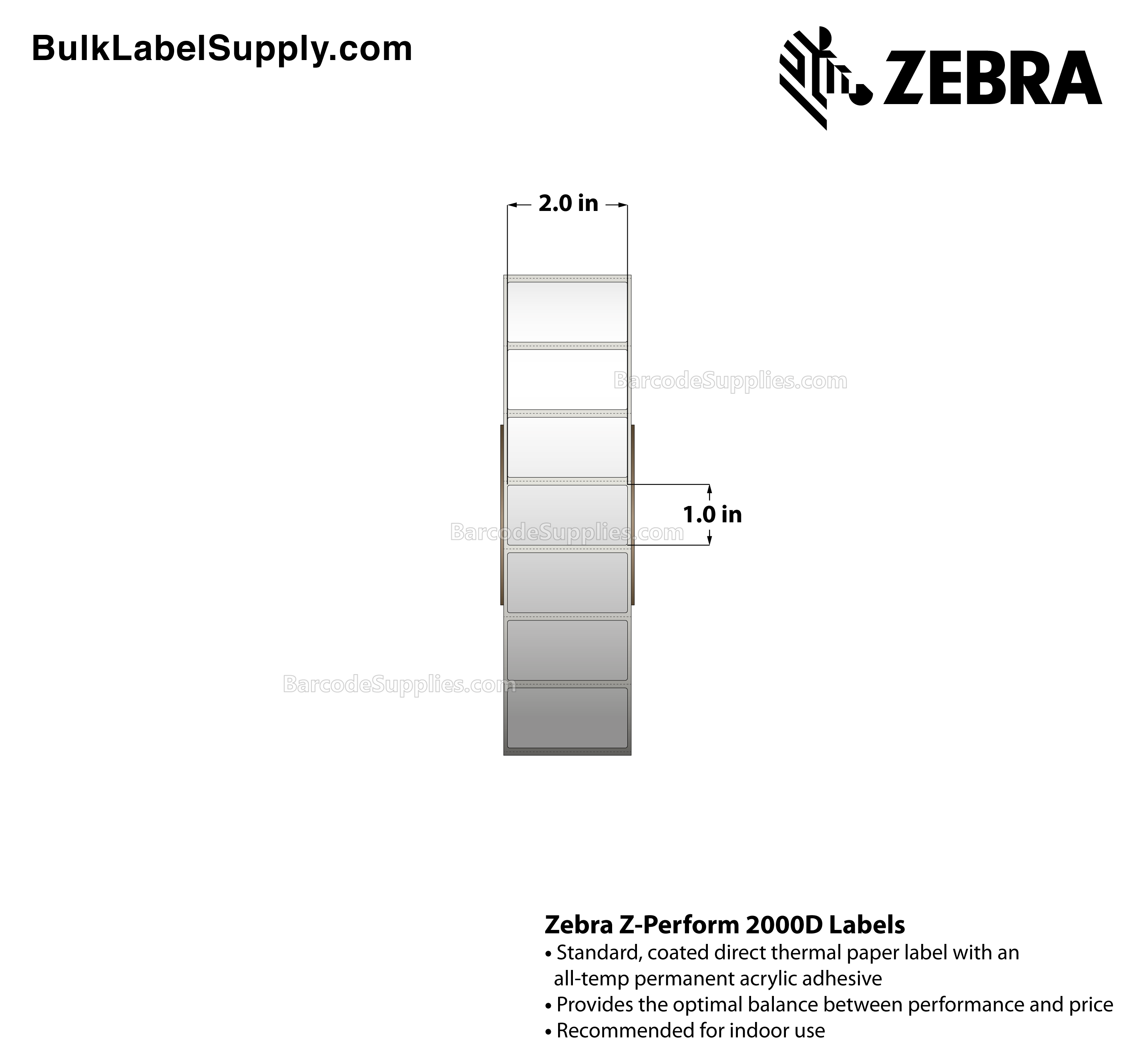 2 x 1 Direct Thermal White Z-Perform 2000D Labels With All-Temp Adhesive - Perforated - 5500 Labels Per Roll - Carton Of 8 Rolls - 44000 Labels Total - MPN: 10000298