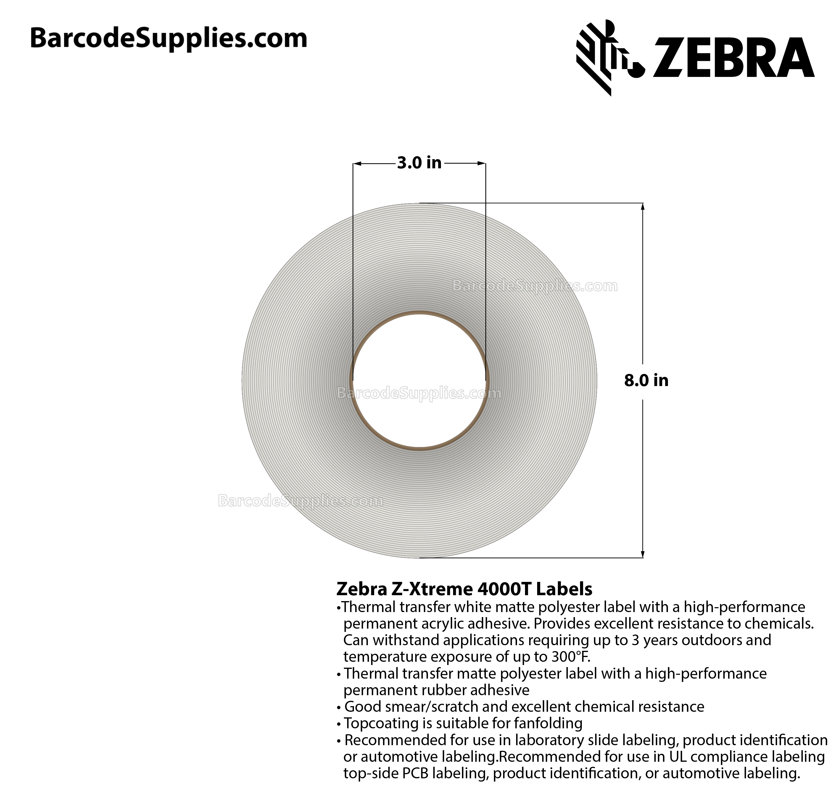 2 x 1 Thermal Transfer White Z-Xtreme 4000T White Labels With Permanent Adhesive - Perforated - 3000 Labels Per Roll - Carton Of 1 Rolls - 3000 Labels Total - MPN: 10023244