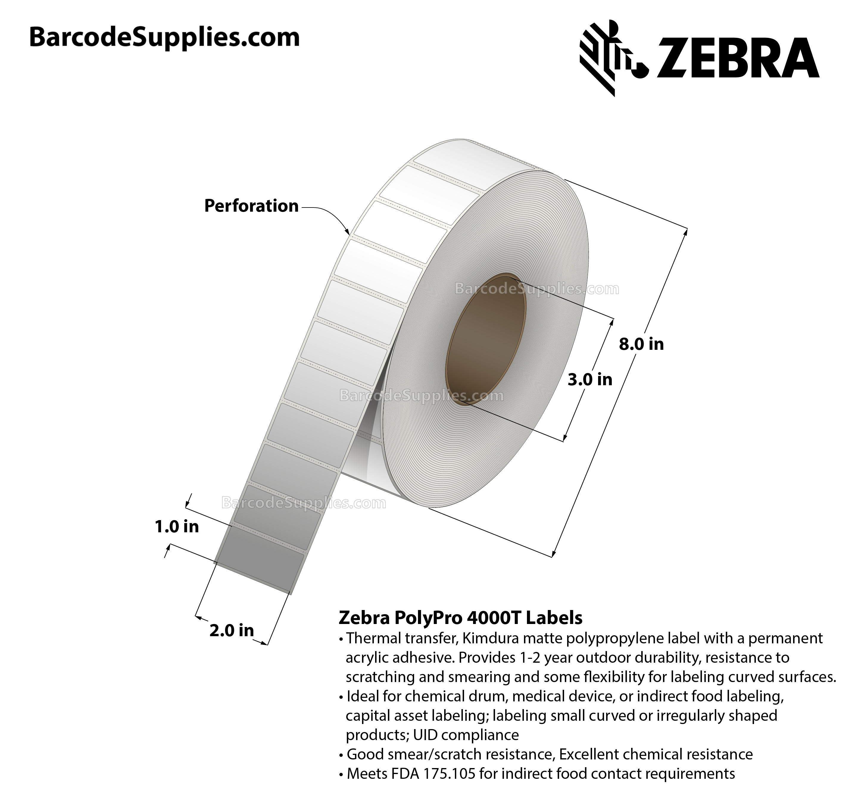 2 x 1 Thermal Transfer White PolyPro 4000T Labels With Permanent Adhesive - Perforated - 3940 Labels Per Roll - Carton Of 4 Rolls - 15760 Labels Total - MPN: 10014716