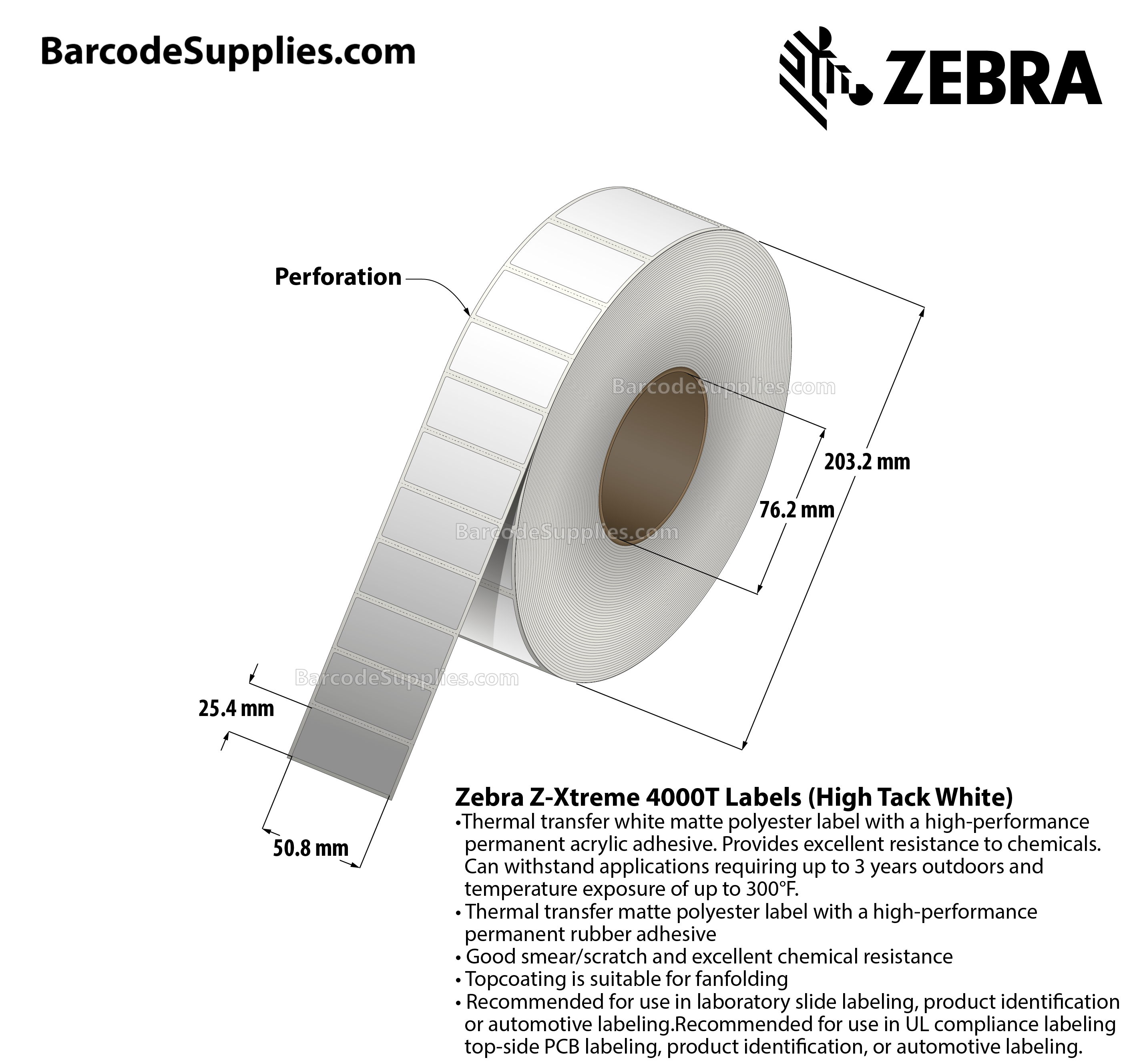 2 x 1 Thermal Transfer White Z-Xtreme 4000T High-Tack White Labels With High-tack Adhesive - Perforated - 3000 Labels Per Roll - Carton Of 1 Rolls - 3000 Labels Total - MPN: 10023227