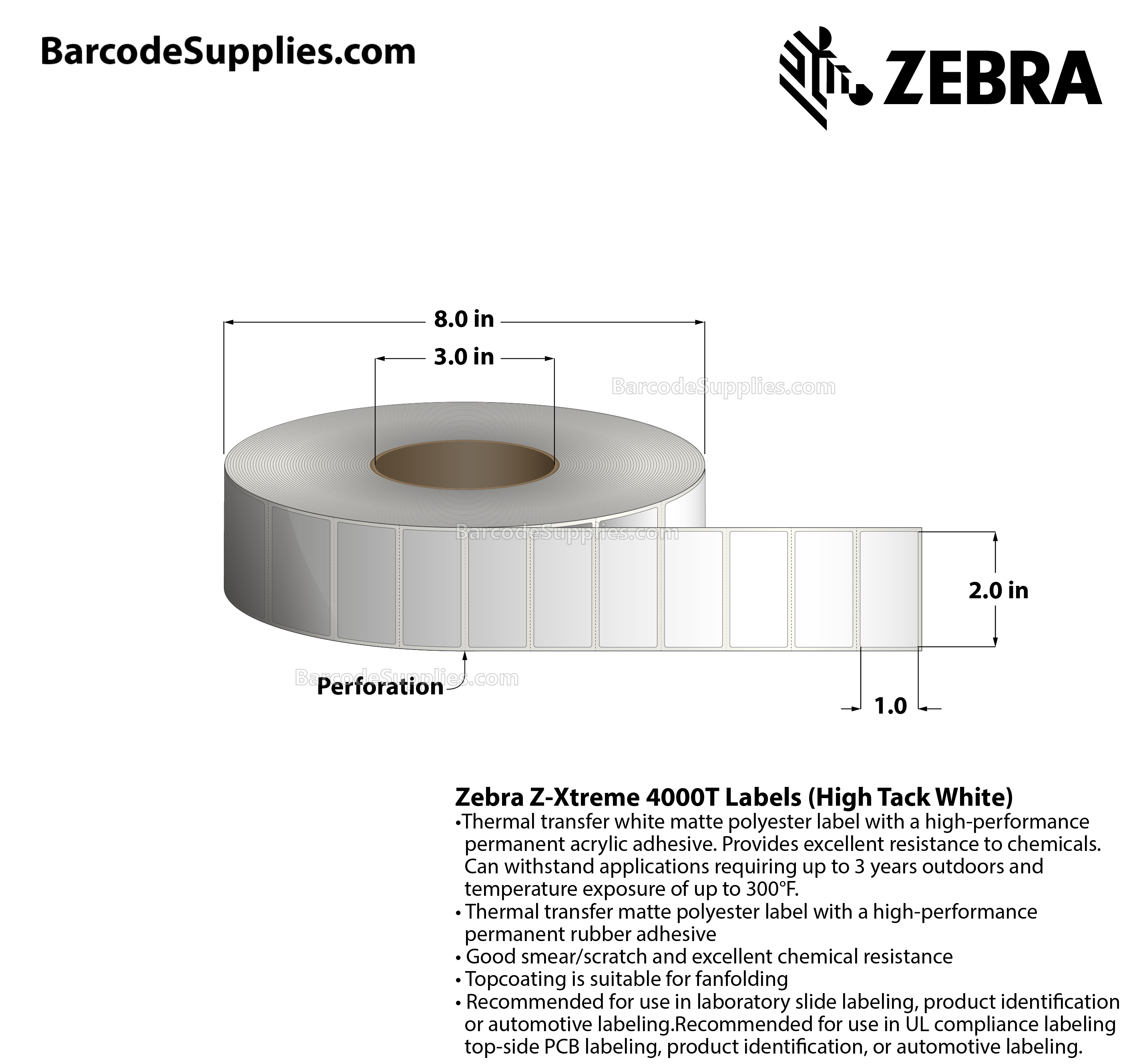 2 x 1 Thermal Transfer White Z-Xtreme 4000T High-Tack White Labels With High-tack Adhesive - Perforated - 3000 Labels Per Roll - Carton Of 1 Rolls - 3000 Labels Total - MPN: 10023227