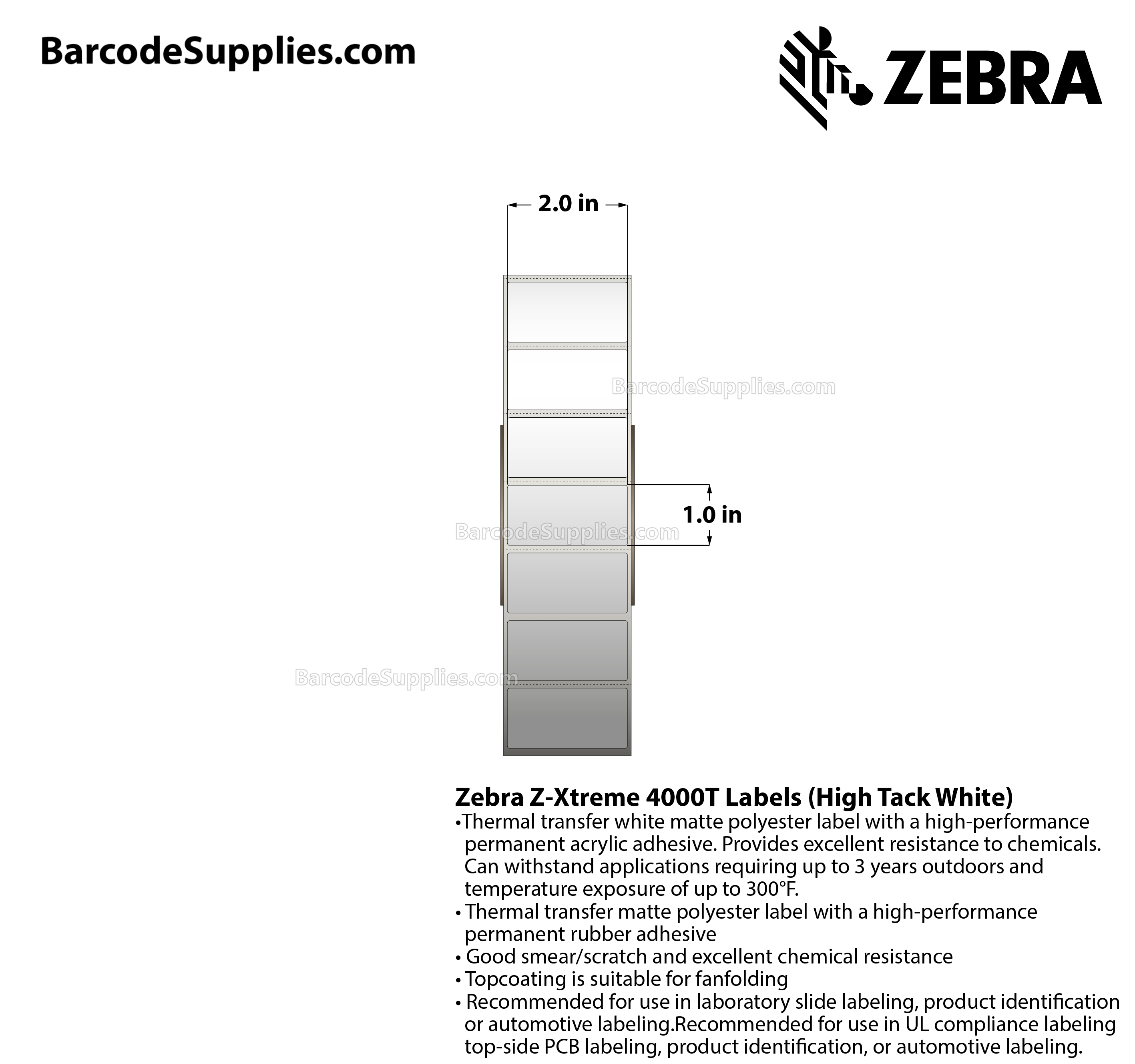 2 x 1 Thermal Transfer White Z-Xtreme 4000T High-Tack White Labels With High-tack Adhesive - Perforated - 3000 Labels Per Roll - Carton Of 1 Rolls - 3000 Labels Total - MPN: 10023227