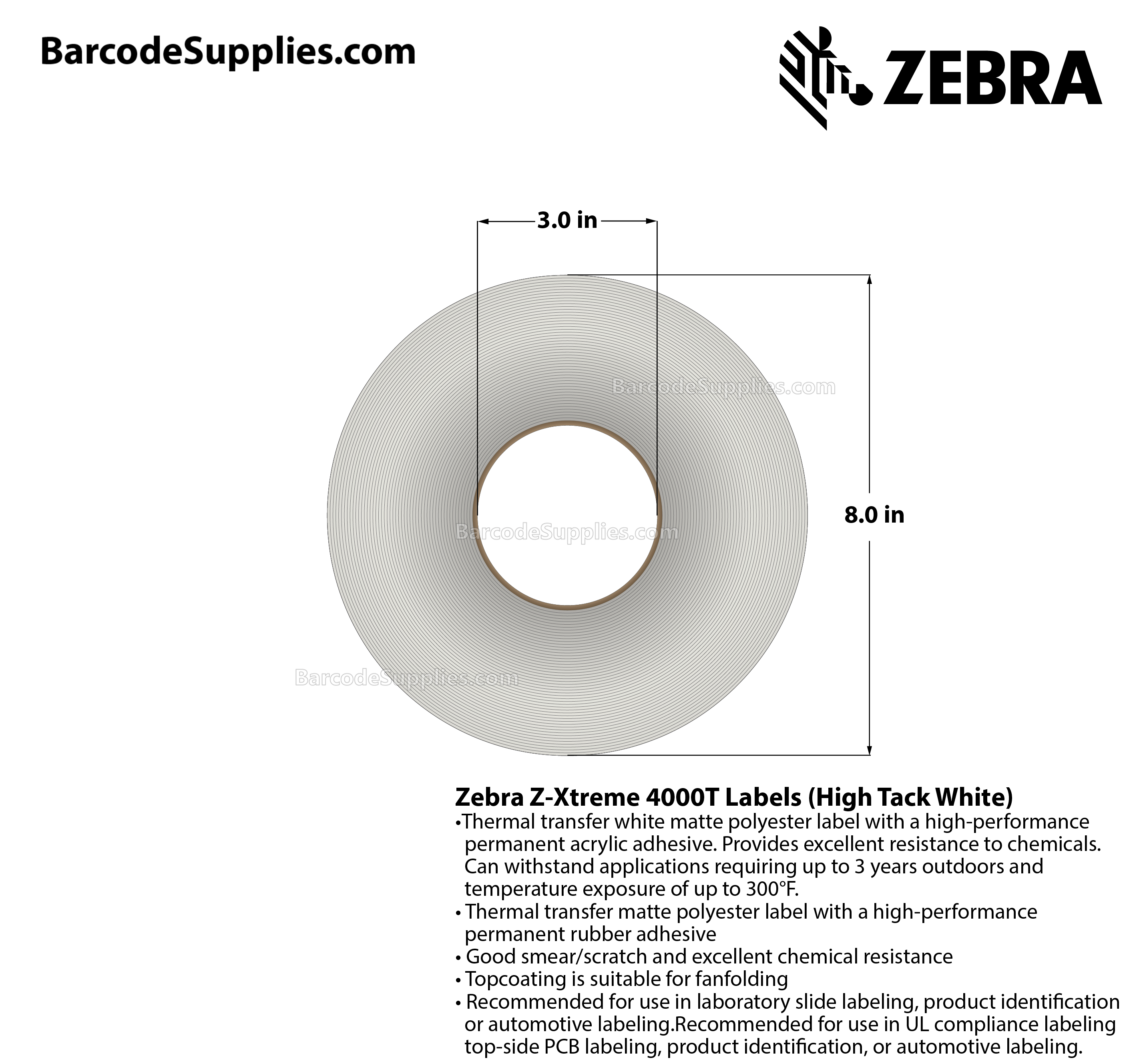 2 x 1 Thermal Transfer White Z-Xtreme 4000T High-Tack White Labels With High-tack Adhesive - Perforated - 3000 Labels Per Roll - Carton Of 1 Rolls - 3000 Labels Total - MPN: 10023227