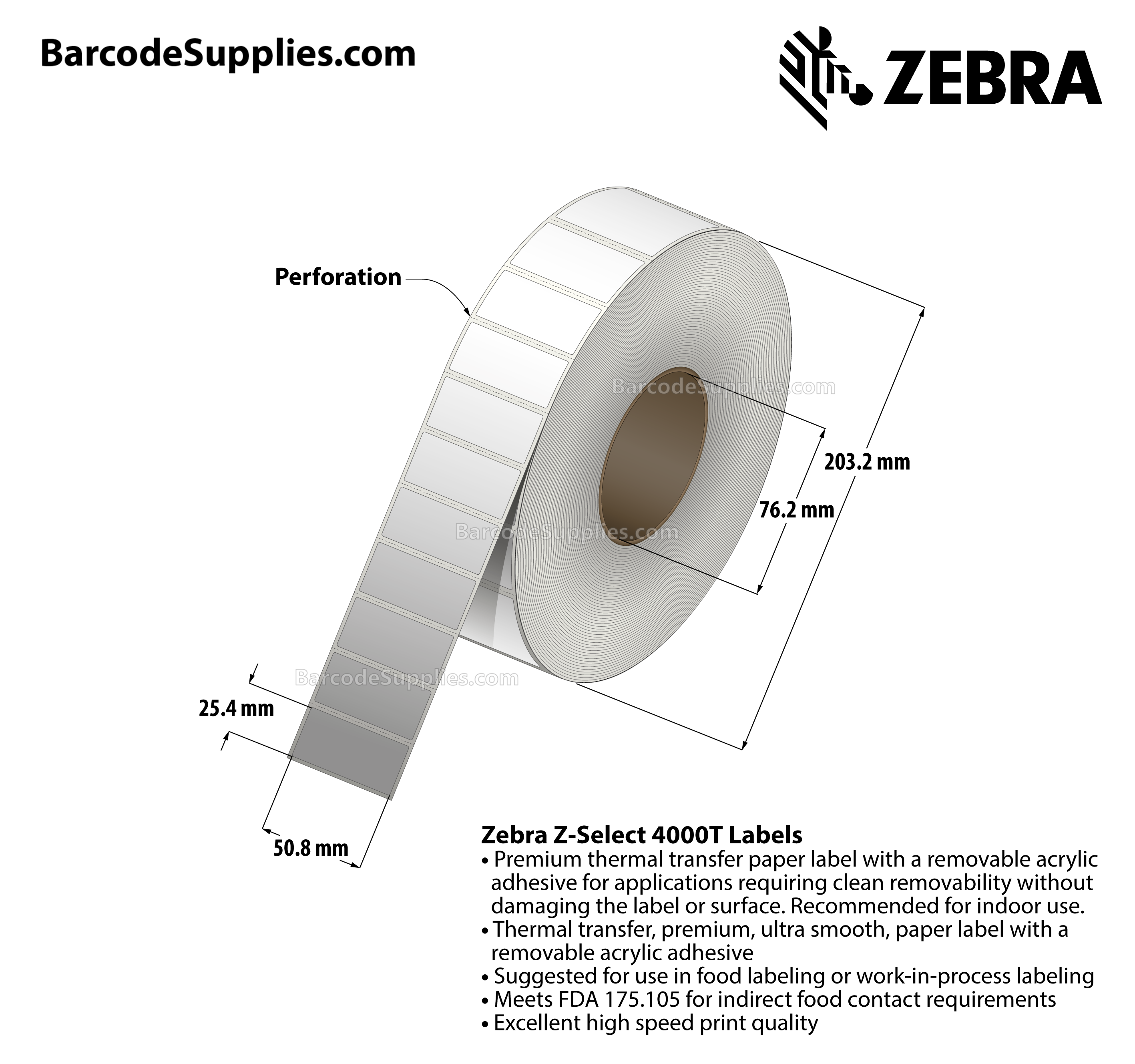 2 x 1 Thermal Transfer White Z-Select 4000T Removable Labels With Removable Adhesive - Perforated - 3000 Labels Per Roll - Carton Of 4 Rolls - 12000 Labels Total - MPN: 10022944