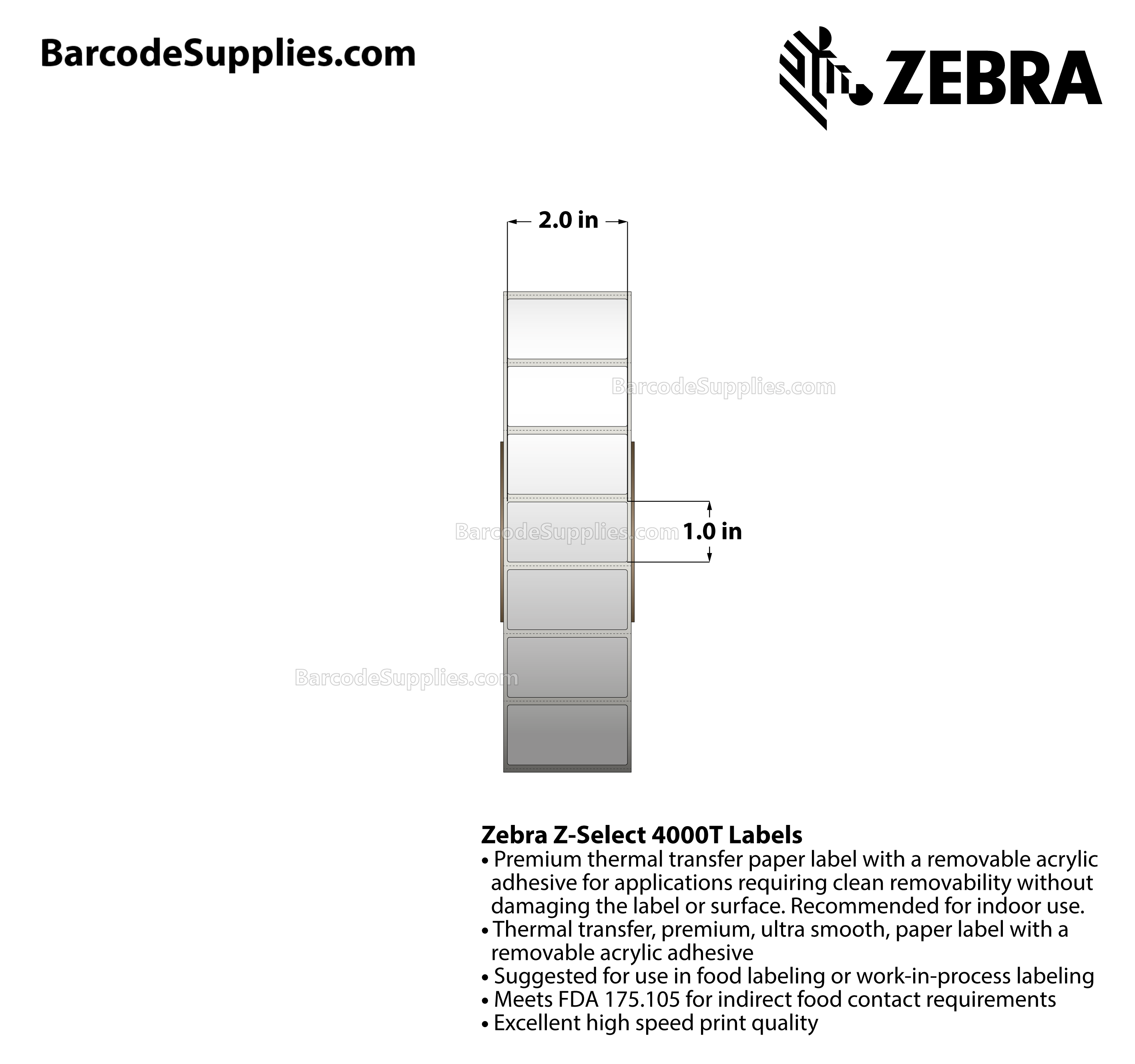 2 x 1 Thermal Transfer White Z-Select 4000T Removable Labels With Removable Adhesive - Perforated - 3000 Labels Per Roll - Carton Of 4 Rolls - 12000 Labels Total - MPN: 10022944