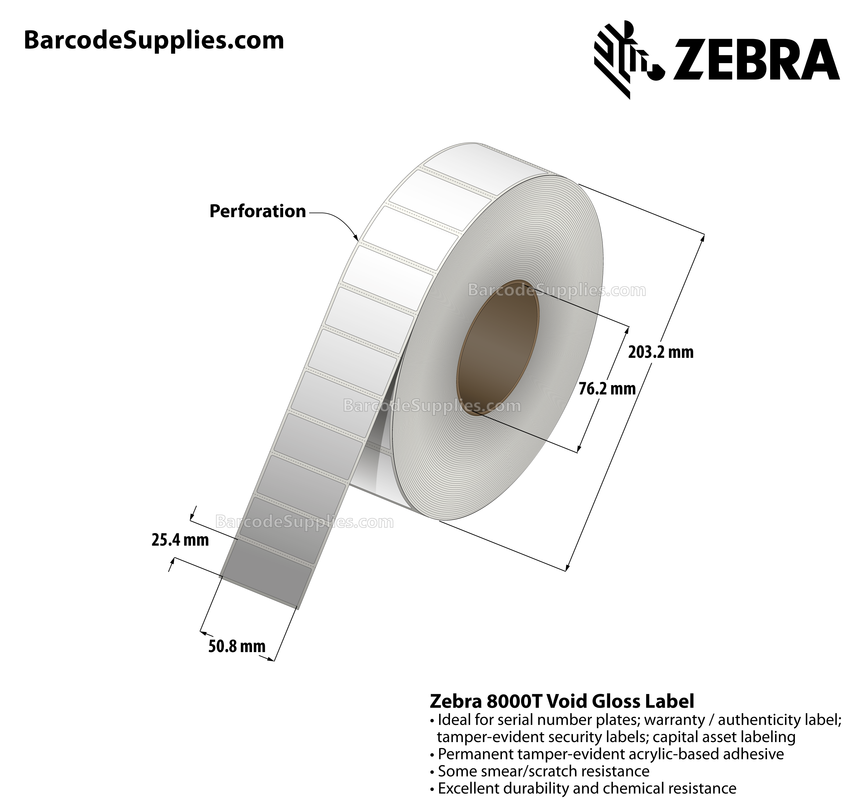 2 x 1 Thermal Transfer White 8000T Void Gloss Labels With Tamper-evident Adhesive - Perforated - 3000 Labels Per Roll - Carton Of 1 Rolls - 3000 Labels Total - MPN: 10023259
