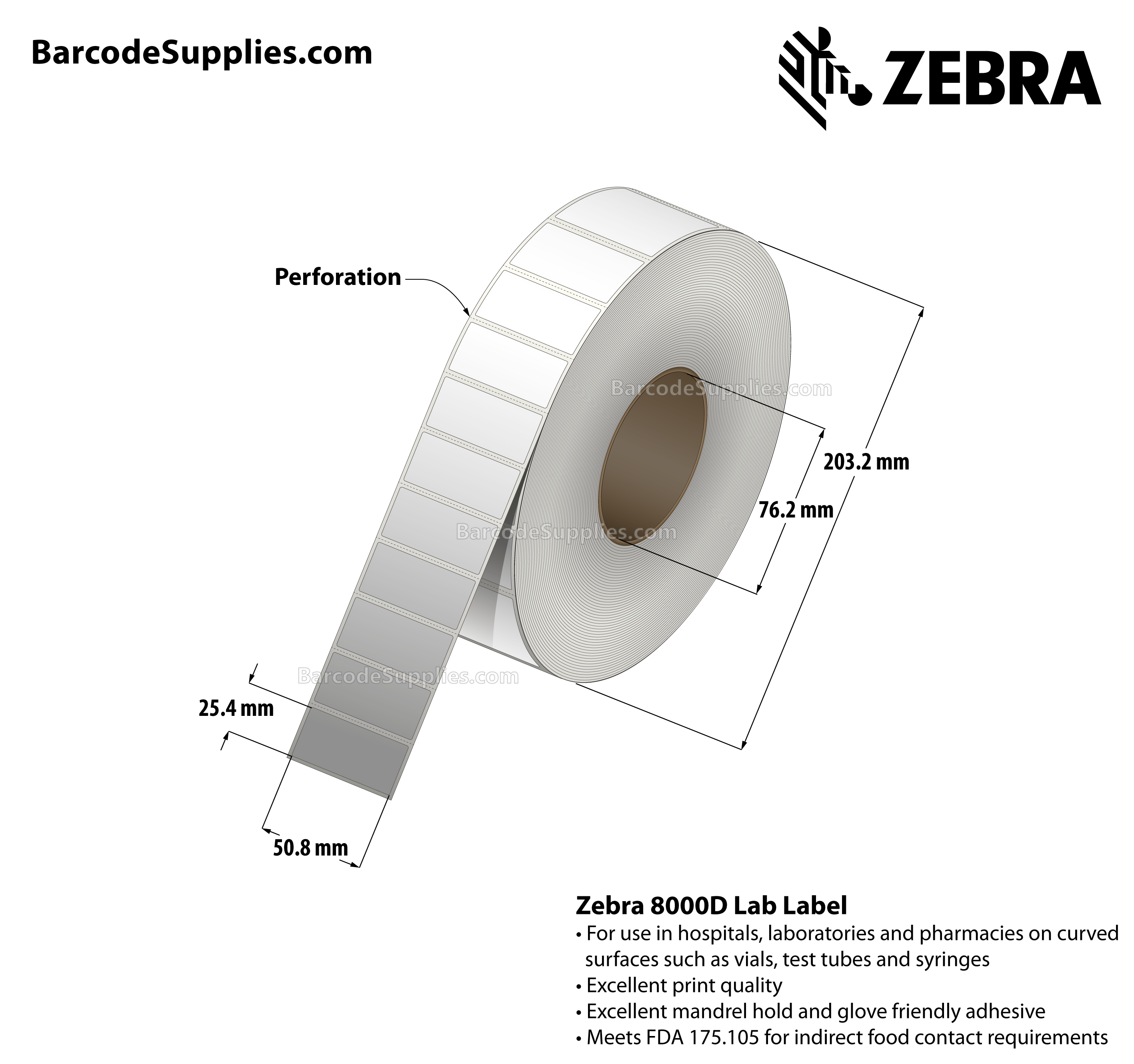 2 x 1 Direct Thermal White 8000D Lab Labels With Permanent Adhesive - Perforated - 5200 Labels Per Roll - Carton Of 6 Rolls - 31200 Labels Total - MPN: 10028317