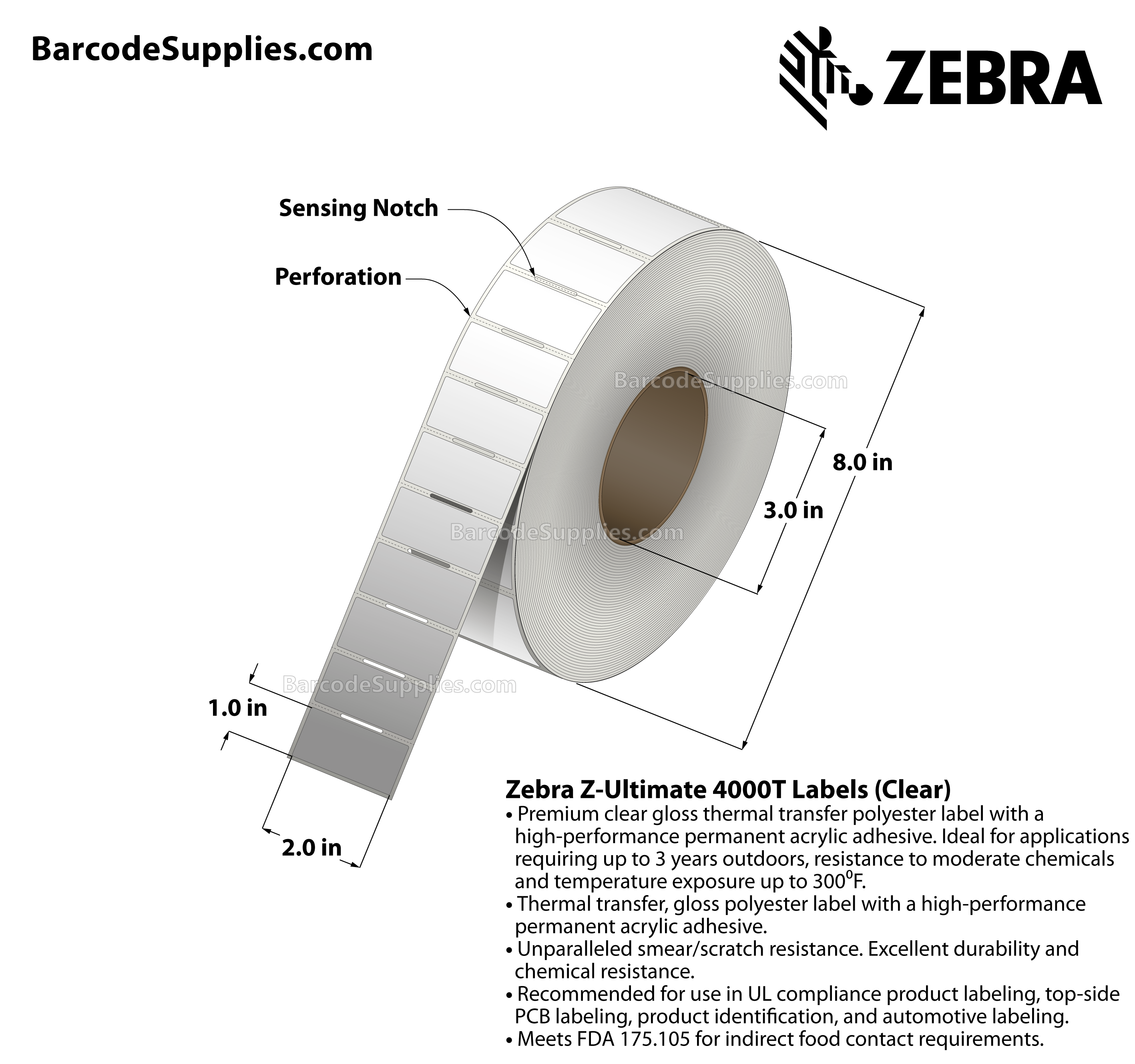 2 x 1 Thermal Transfer Clear Z-Ultimate 4000T Clear Labels With Permanent Adhesive - Notch sensing - Perforated - 3000 Labels Per Roll - Carton Of 1 Rolls - 3000 Labels Total - MPN: 10023045