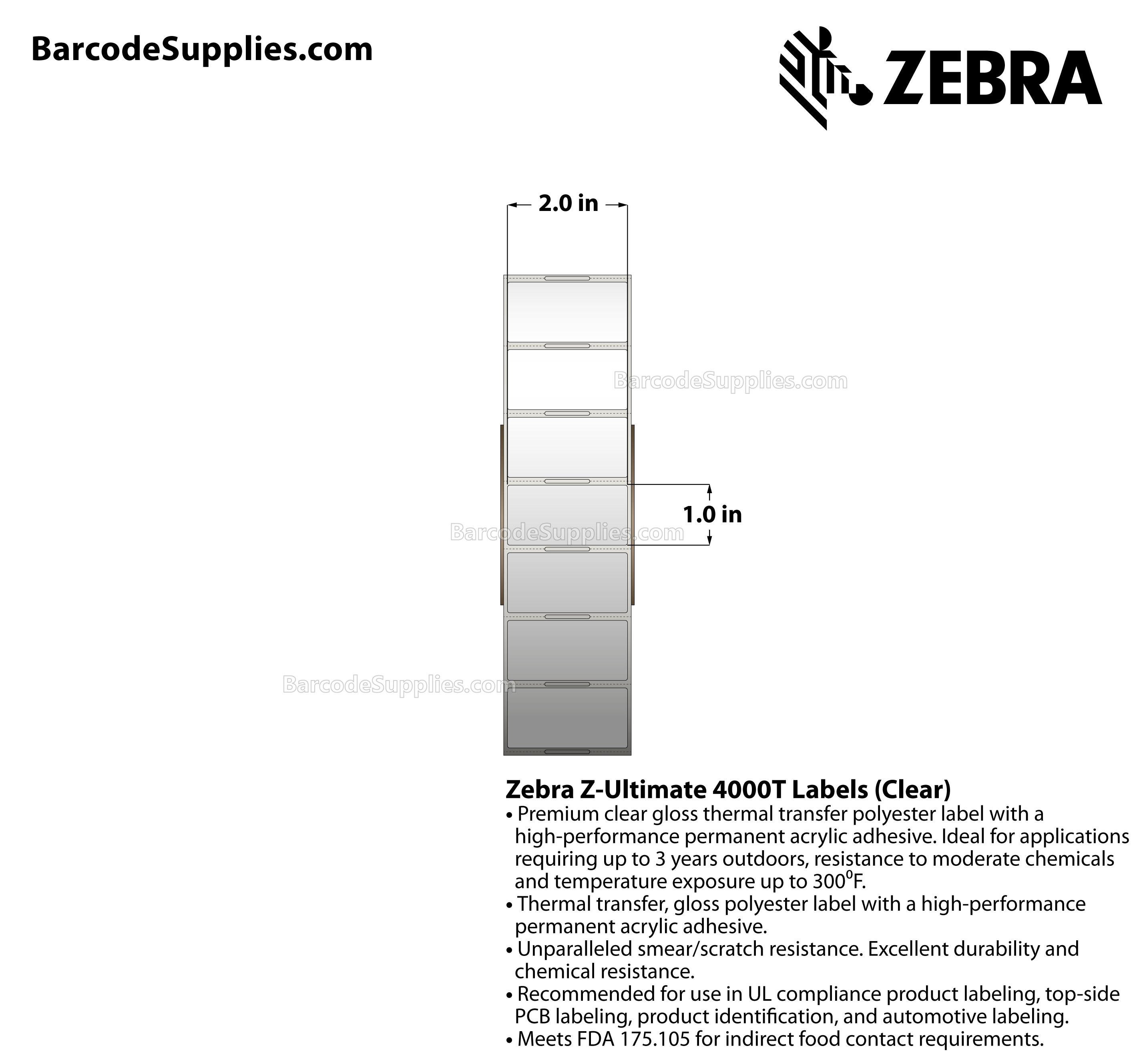 2 x 1 Thermal Transfer Clear Z-Ultimate 4000T Clear Labels With Permanent Adhesive - Notch sensing - Perforated - 3000 Labels Per Roll - Carton Of 1 Rolls - 3000 Labels Total - MPN: 10023045