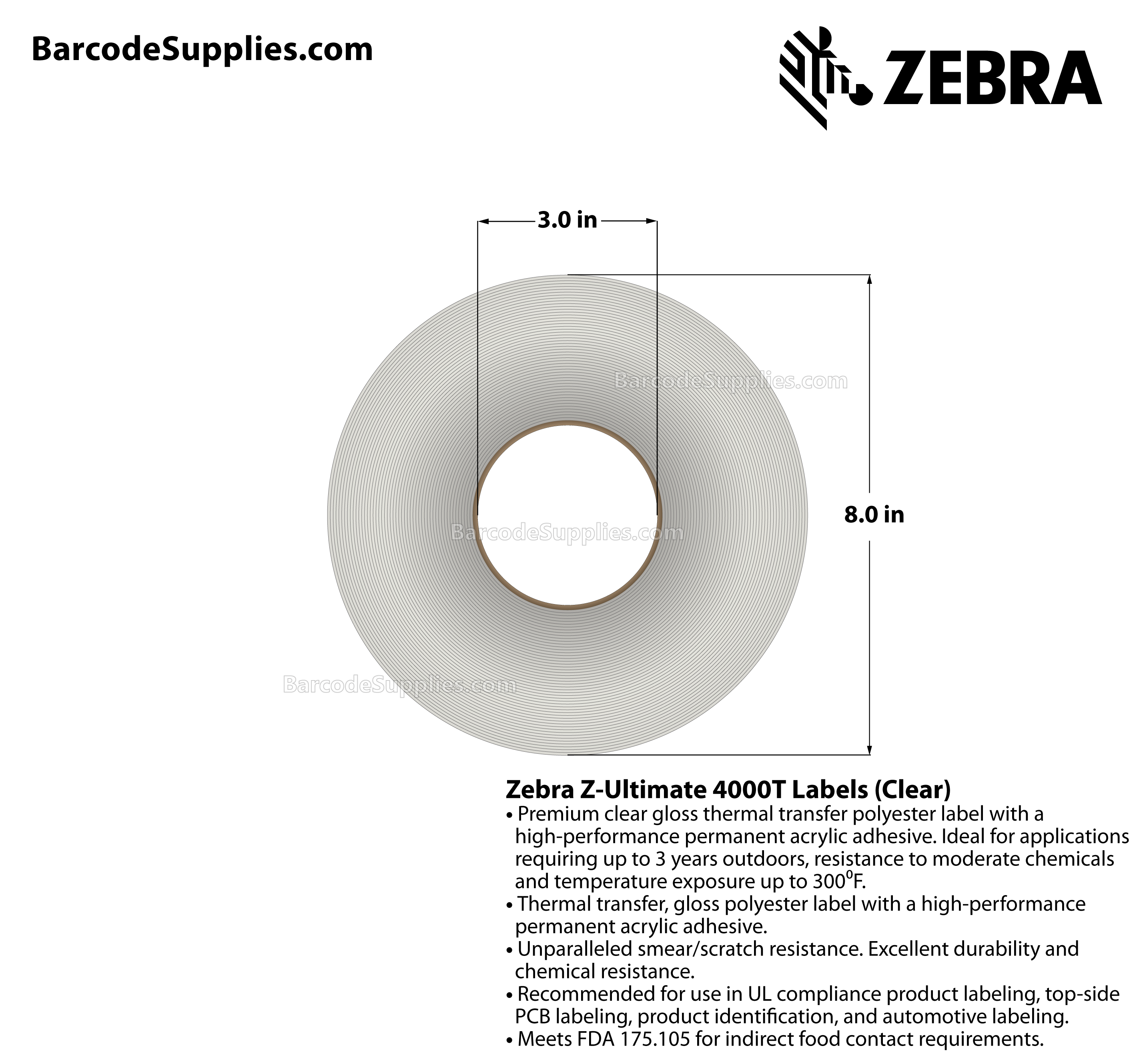 2 x 1 Thermal Transfer Clear Z-Ultimate 4000T Clear Labels With Permanent Adhesive - Notch sensing - Perforated - 3000 Labels Per Roll - Carton Of 1 Rolls - 3000 Labels Total - MPN: 10023045