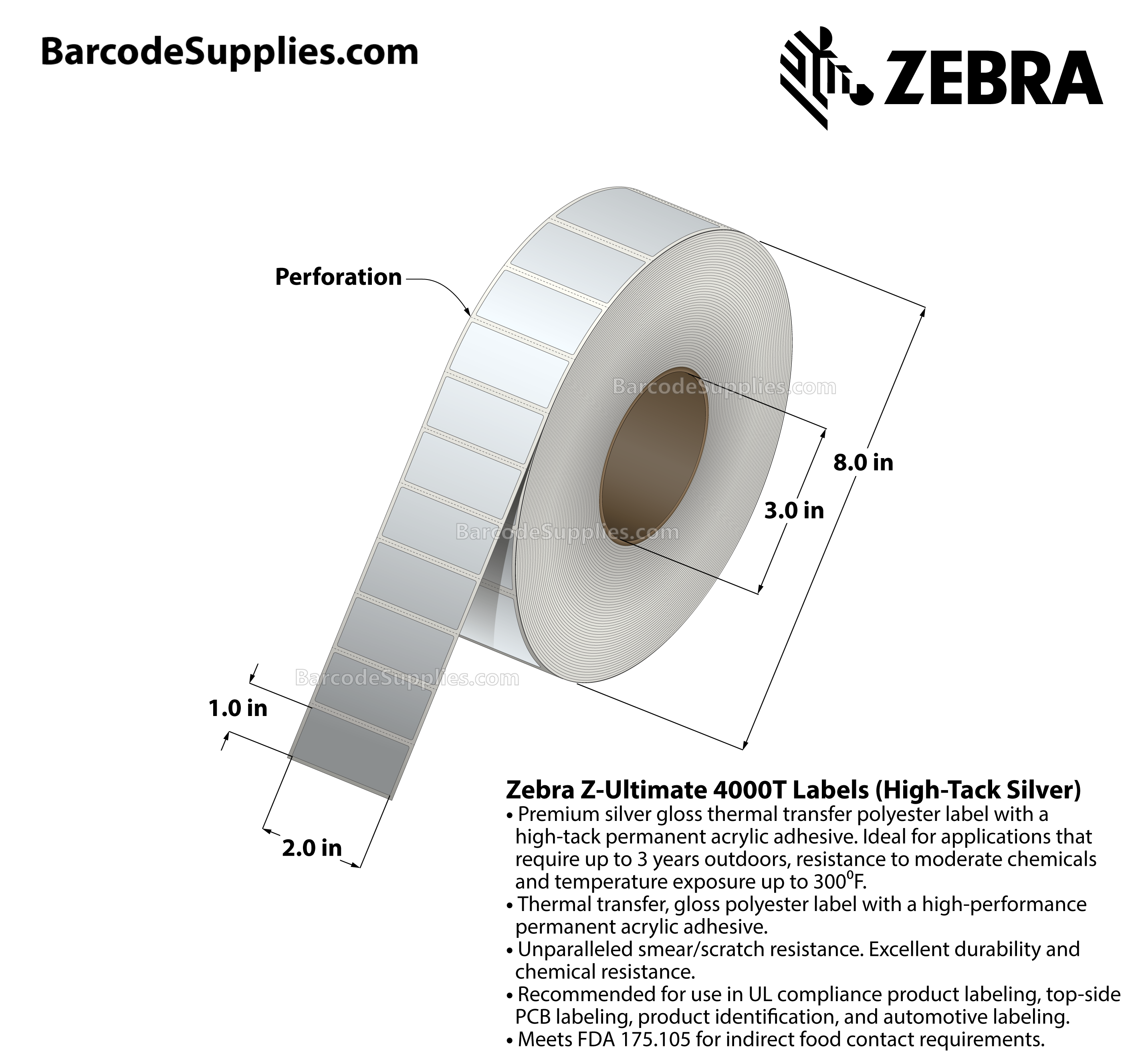 2 x 1 Thermal Transfer Silver Z-Ultimate 4000T High-Tack Silver Labels With High-tack Adhesive - Perforated - 3000 Labels Per Roll - Carton Of 1 Rolls - 3000 Labels Total - MPN: 10023352