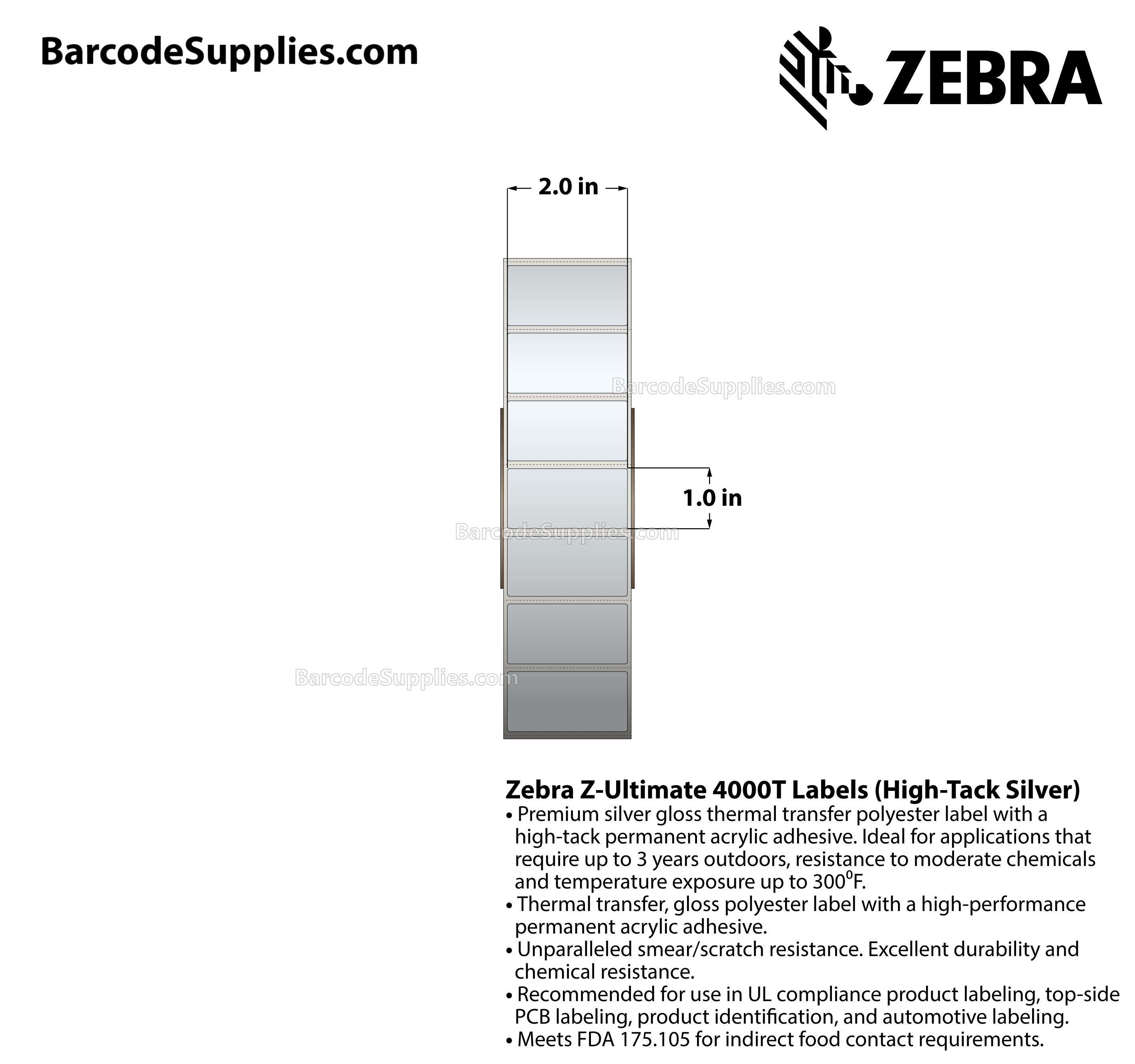 2 x 1 Thermal Transfer Silver Z-Ultimate 4000T High-Tack Silver Labels With High-tack Adhesive - Perforated - 3000 Labels Per Roll - Carton Of 1 Rolls - 3000 Labels Total - MPN: 10023352