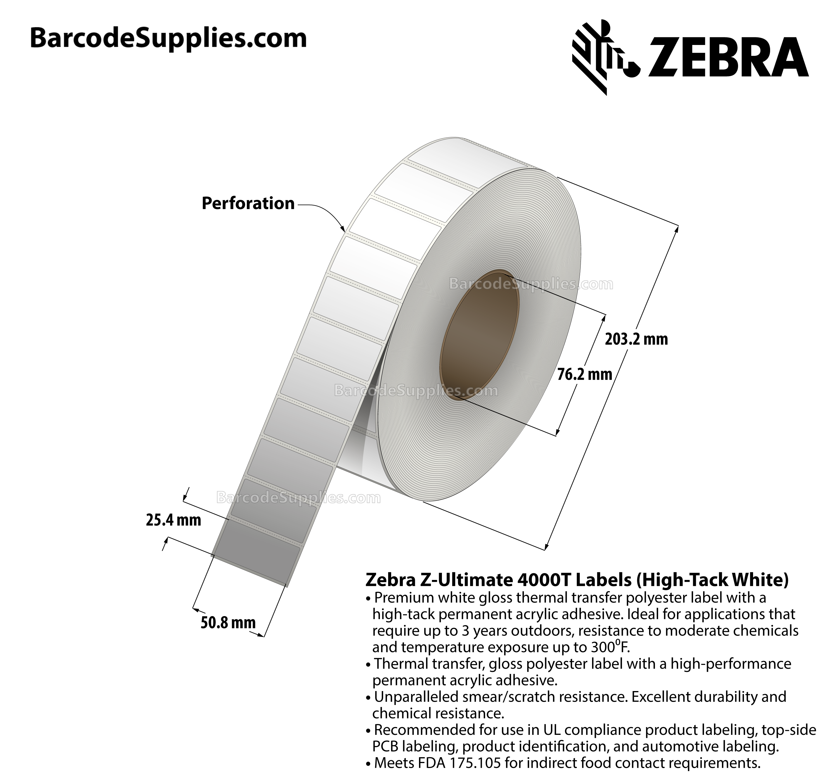 2 x 1 Thermal Transfer White Z-Ultimate 4000T High-Tack White Labels With High-tack Adhesive - Perforated - 4300 Labels Per Roll - Carton Of 4 Rolls - 17200 Labels Total - MPN: 10008521