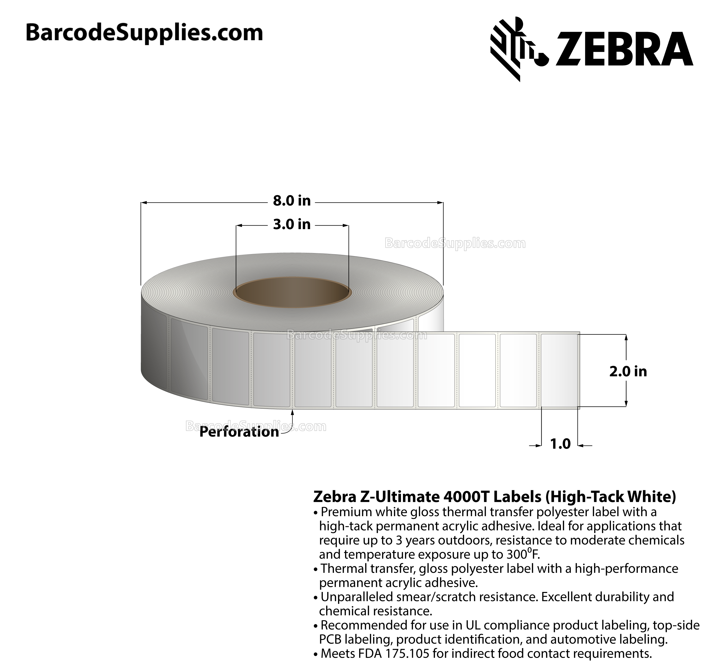 2 x 1 Thermal Transfer White Z-Ultimate 4000T High-Tack White Labels With High-tack Adhesive - Perforated - 4300 Labels Per Roll - Carton Of 4 Rolls - 17200 Labels Total - MPN: 10008521