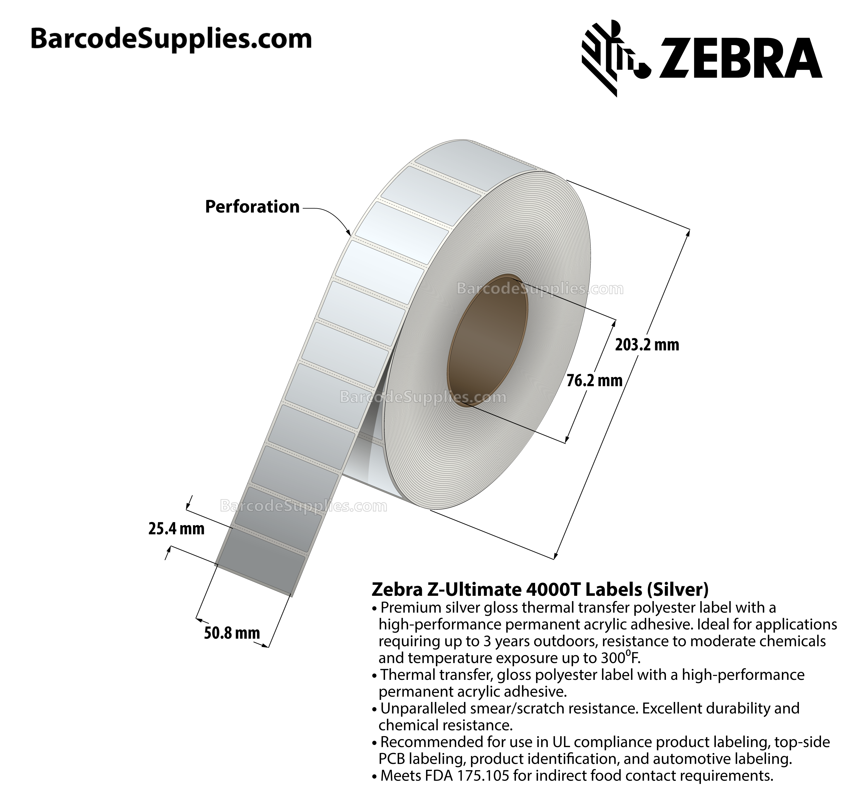 2 x 1 Thermal Transfer Silver Z-Ultimate 4000T Silver Labels With Permanent Adhesive - Perforated - 3000 Labels Per Roll - Carton Of 1 Rolls - 3000 Labels Total - MPN: 10023156