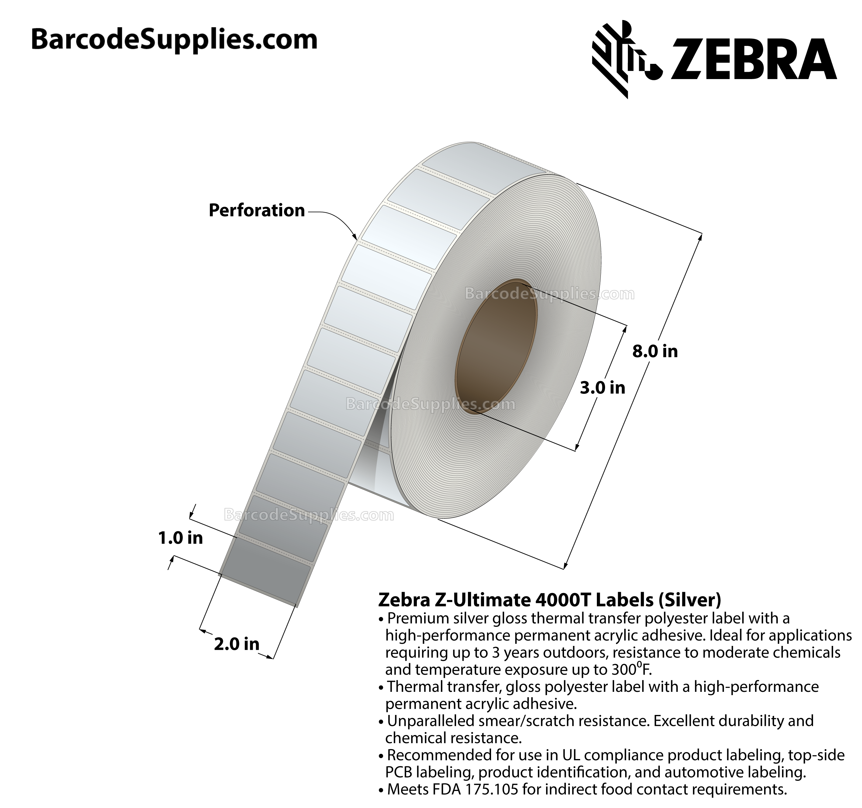 2 x 1 Thermal Transfer Silver Z-Ultimate 4000T Silver Labels With Permanent Adhesive - Perforated - 3000 Labels Per Roll - Carton Of 1 Rolls - 3000 Labels Total - MPN: 10023156