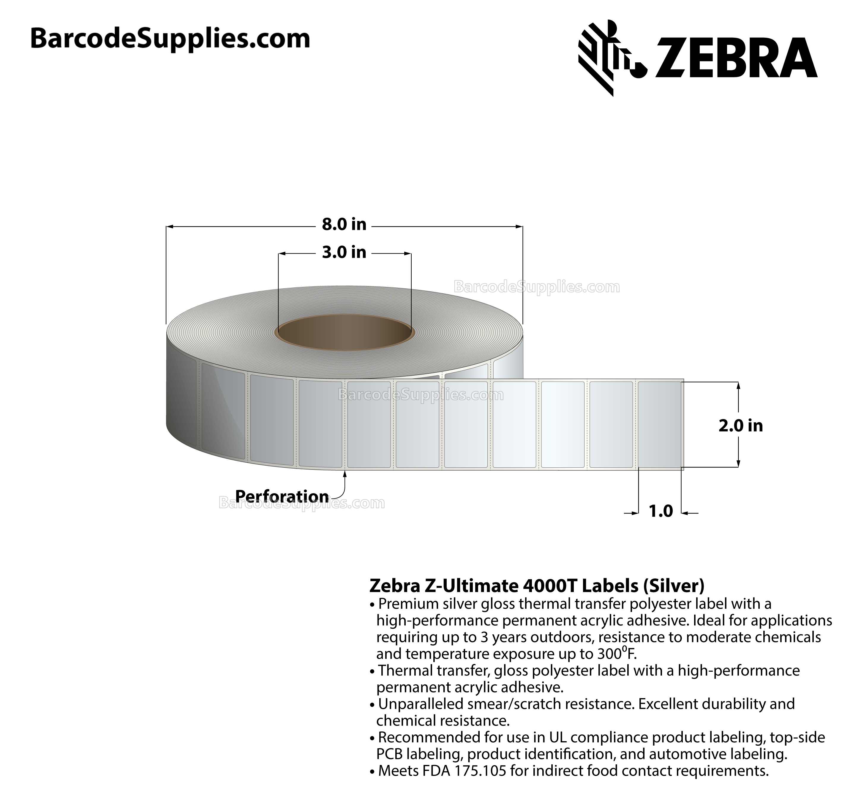 2 x 1 Thermal Transfer Silver Z-Ultimate 4000T Silver Labels With Permanent Adhesive - Perforated - 3000 Labels Per Roll - Carton Of 1 Rolls - 3000 Labels Total - MPN: 10023156