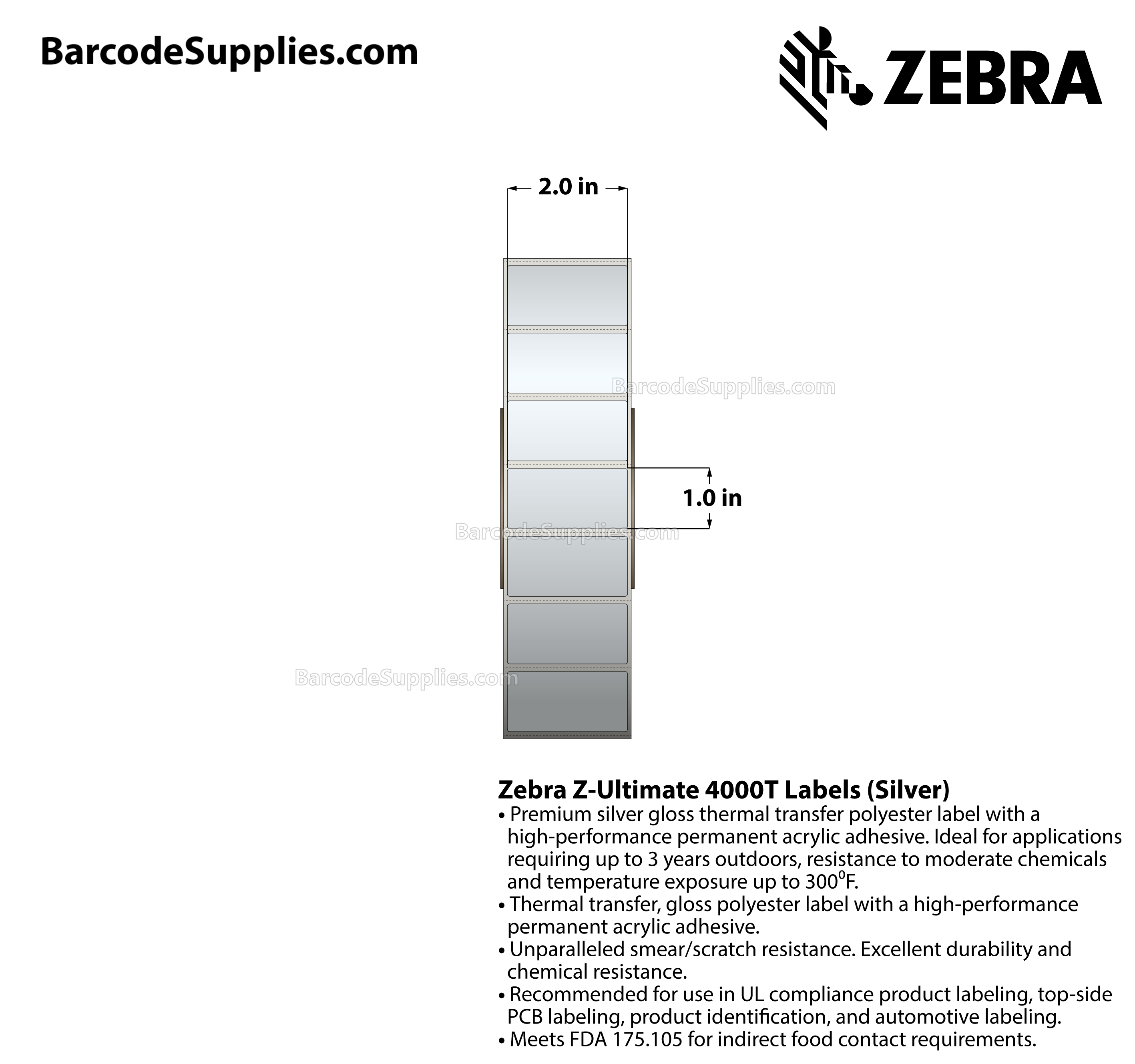 2 x 1 Thermal Transfer Silver Z-Ultimate 4000T Silver Labels With Permanent Adhesive - Perforated - 3000 Labels Per Roll - Carton Of 1 Rolls - 3000 Labels Total - MPN: 10023156