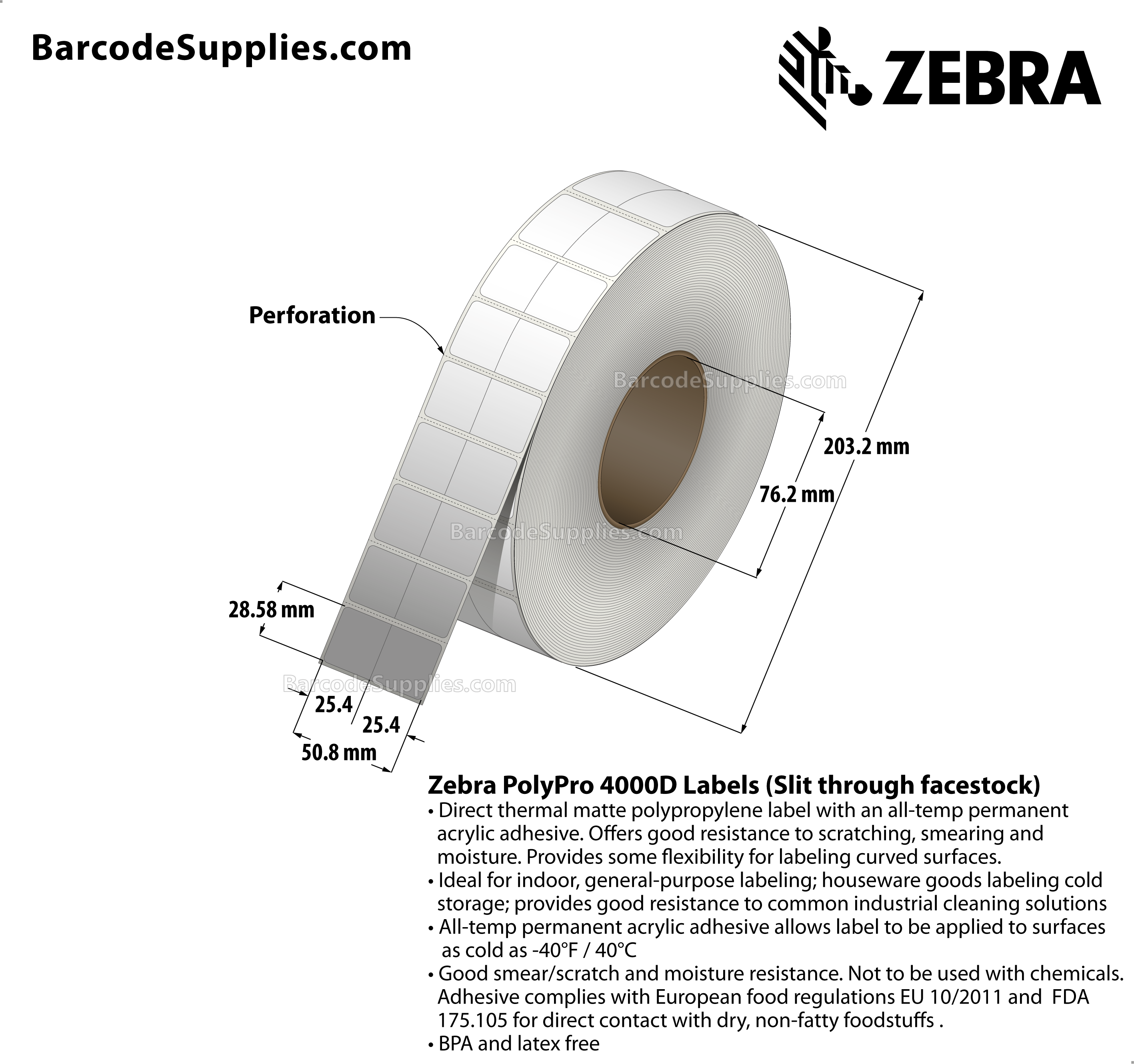 2 x 1.125 Direct Thermal White PolyPro 4000D Labels With Permanent Adhesive - Slit through facestock creates two labels: (2) 1x1.125 - Perforated - 5000 Labels Per Roll - Carton Of 6 Rolls - 30000 Labels Total - MPN: 10025481