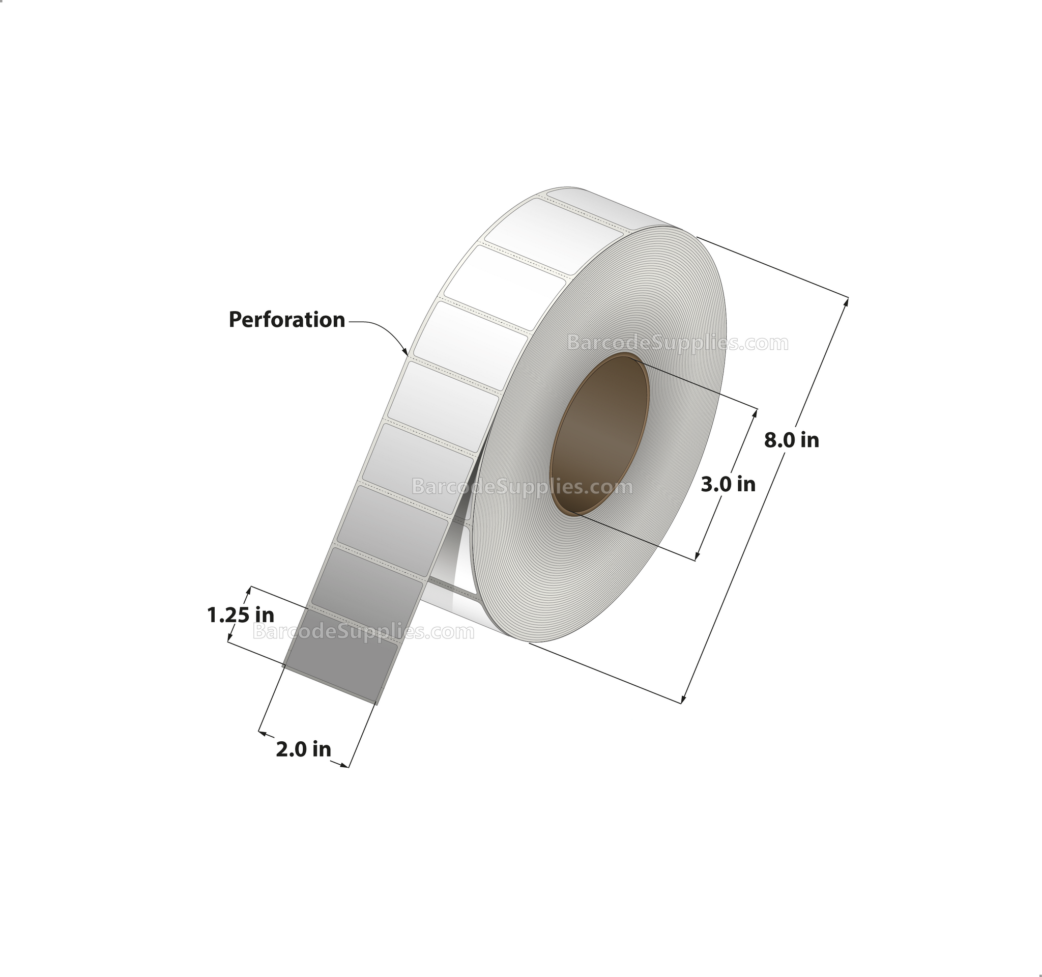 2 x 1.25 Thermal Transfer White Labels With Permanent Adhesive - Perforated - 4450 Labels Per Roll - Carton Of 8 Rolls - 35600 Labels Total - MPN: RT-2-125-4450-3
