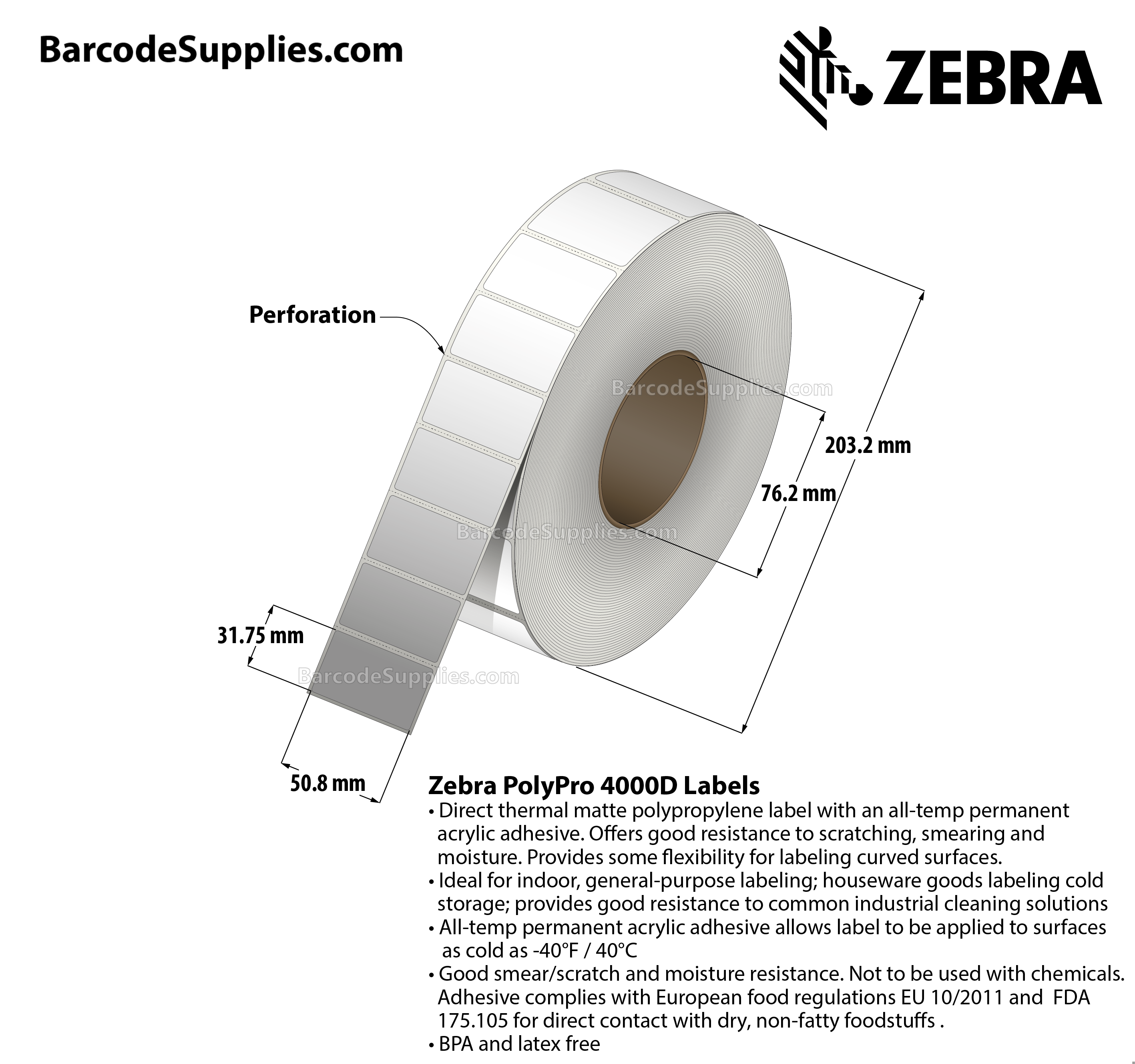 2 x 1.25 Direct Thermal White PolyPro 4000D Labels With Permanent Adhesive - Perforated - 5000 Labels Per Roll - Carton Of 6 Rolls - 30000 Labels Total - MPN: 10026377
