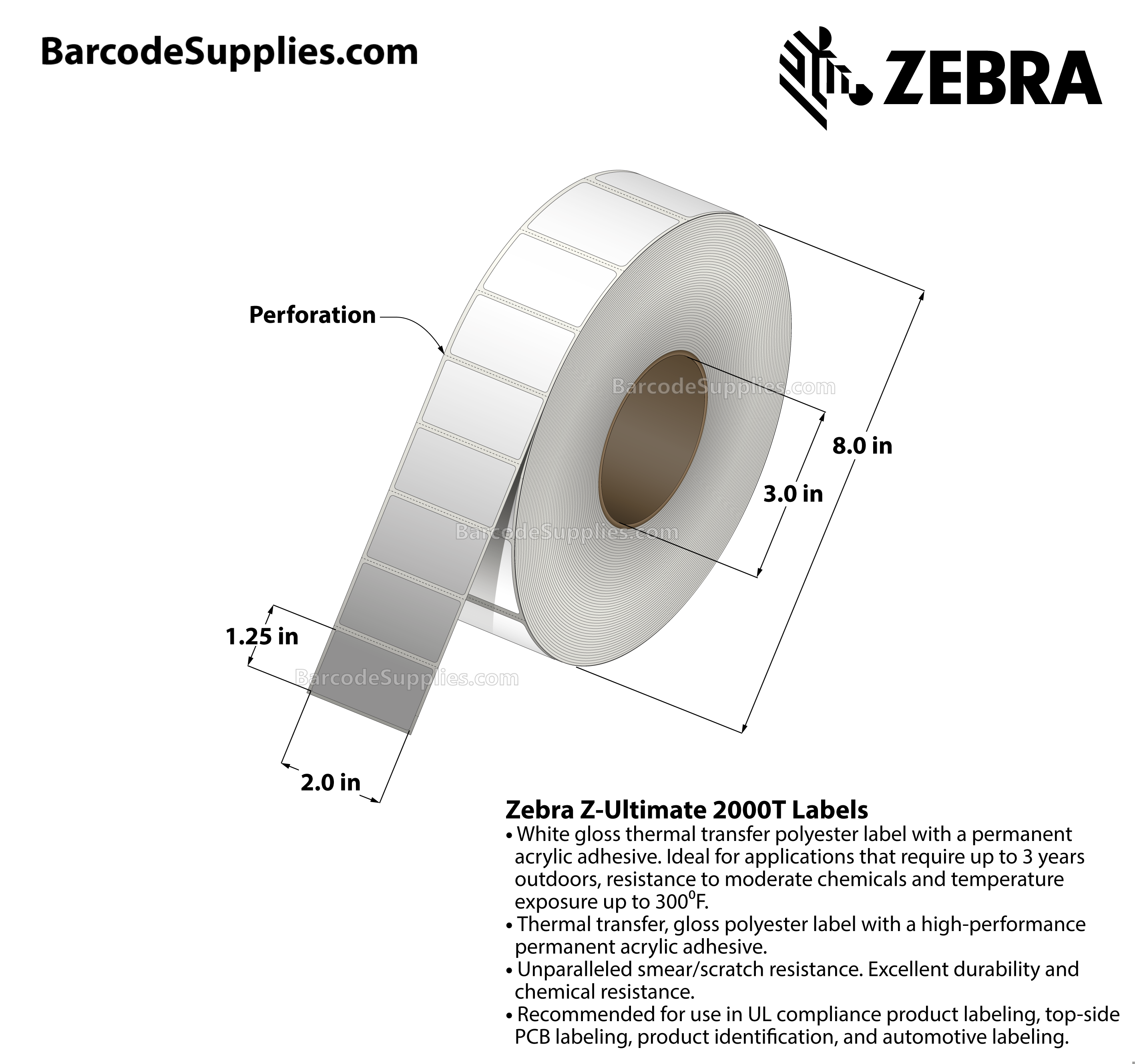 2 x 1.25 Thermal Transfer White Z-Ultimate 2000T Labels With Permanent Adhesive - Perforated - 2500 Labels Per Roll - Carton Of 1 Rolls - 2500 Labels Total - MPN: 10022960