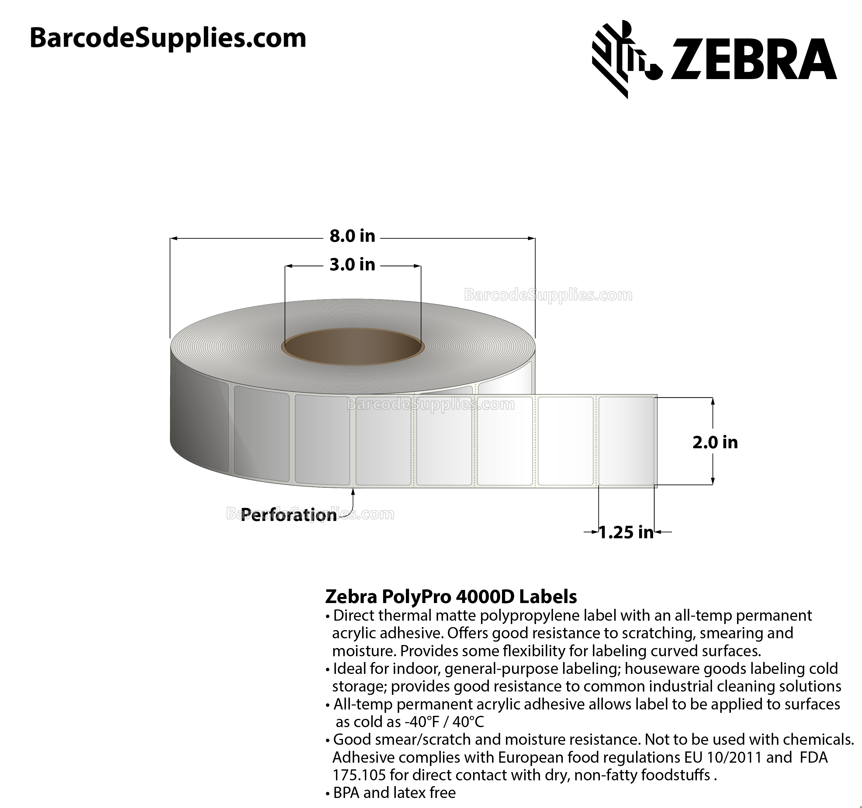 2 x 1.25 Direct Thermal White PolyPro 4000D Labels With Permanent Adhesive - Perforated - 5000 Labels Per Roll - Carton Of 6 Rolls - 30000 Labels Total - MPN: 10026377