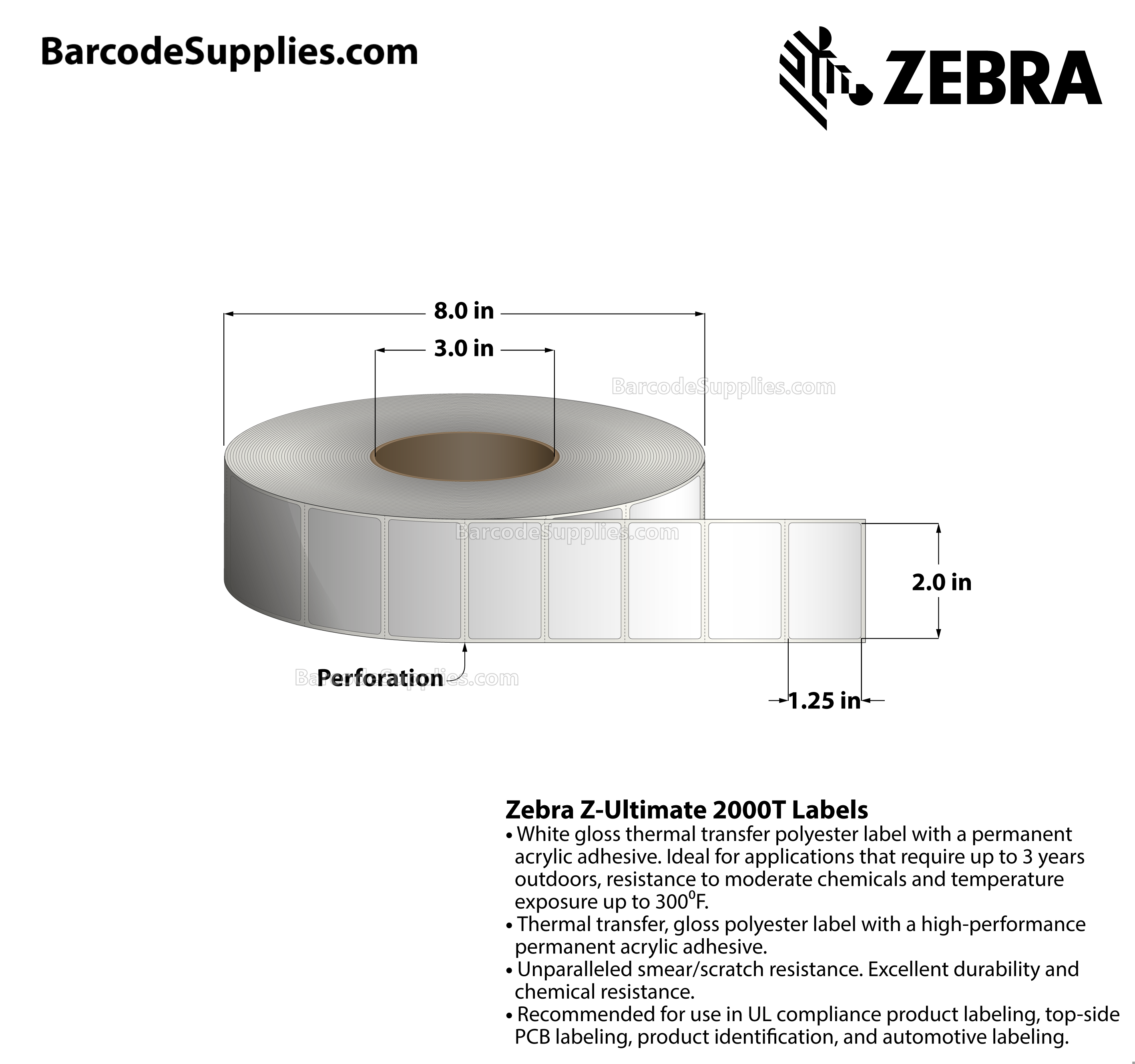 2 x 1.25 Thermal Transfer White Z-Ultimate 2000T Labels With Permanent Adhesive - Perforated - 2500 Labels Per Roll - Carton Of 1 Rolls - 2500 Labels Total - MPN: 10022960