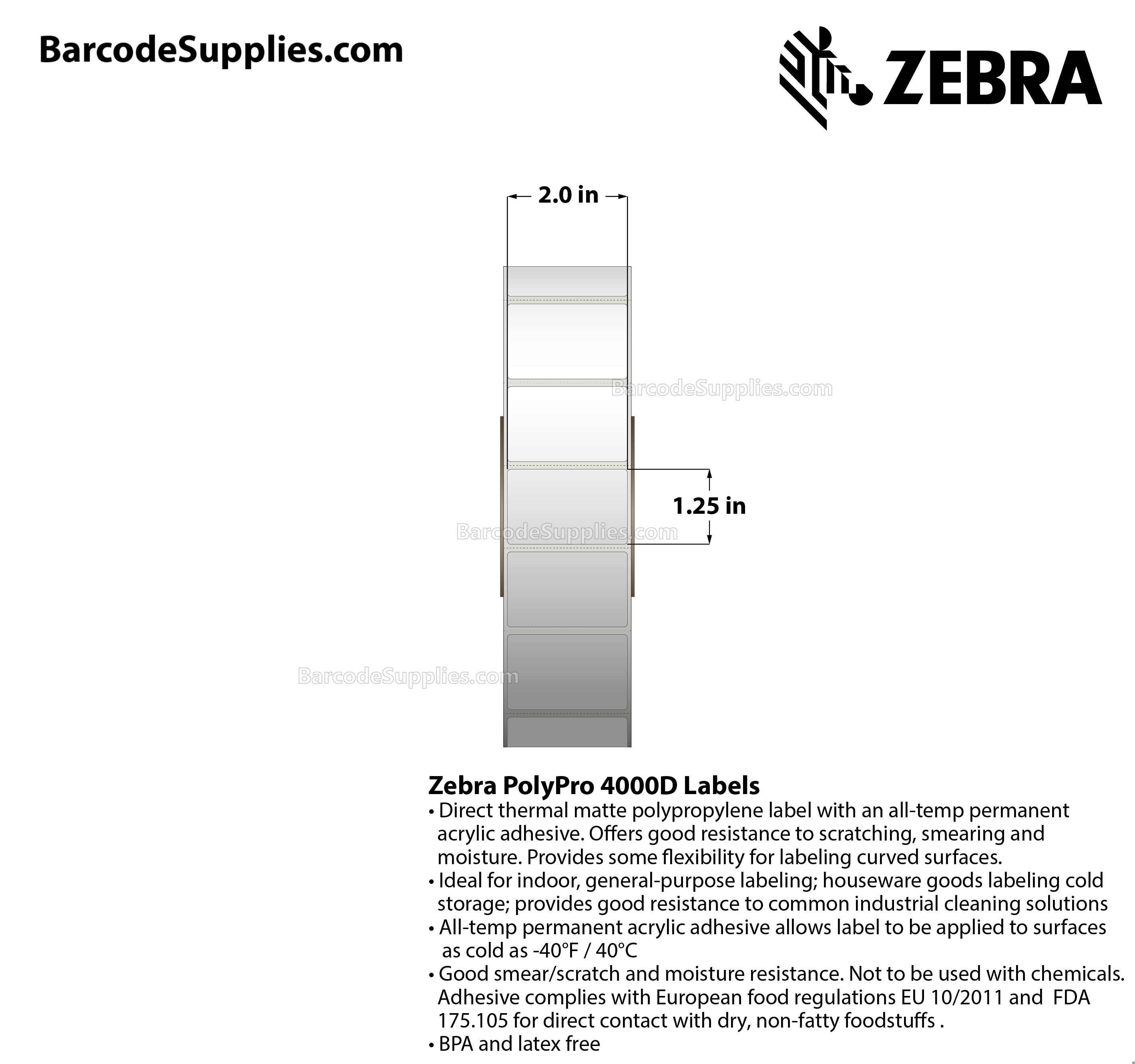 2 x 1.25 Direct Thermal White PolyPro 4000D Labels With Permanent Adhesive - Perforated - 5000 Labels Per Roll - Carton Of 6 Rolls - 30000 Labels Total - MPN: 10026377