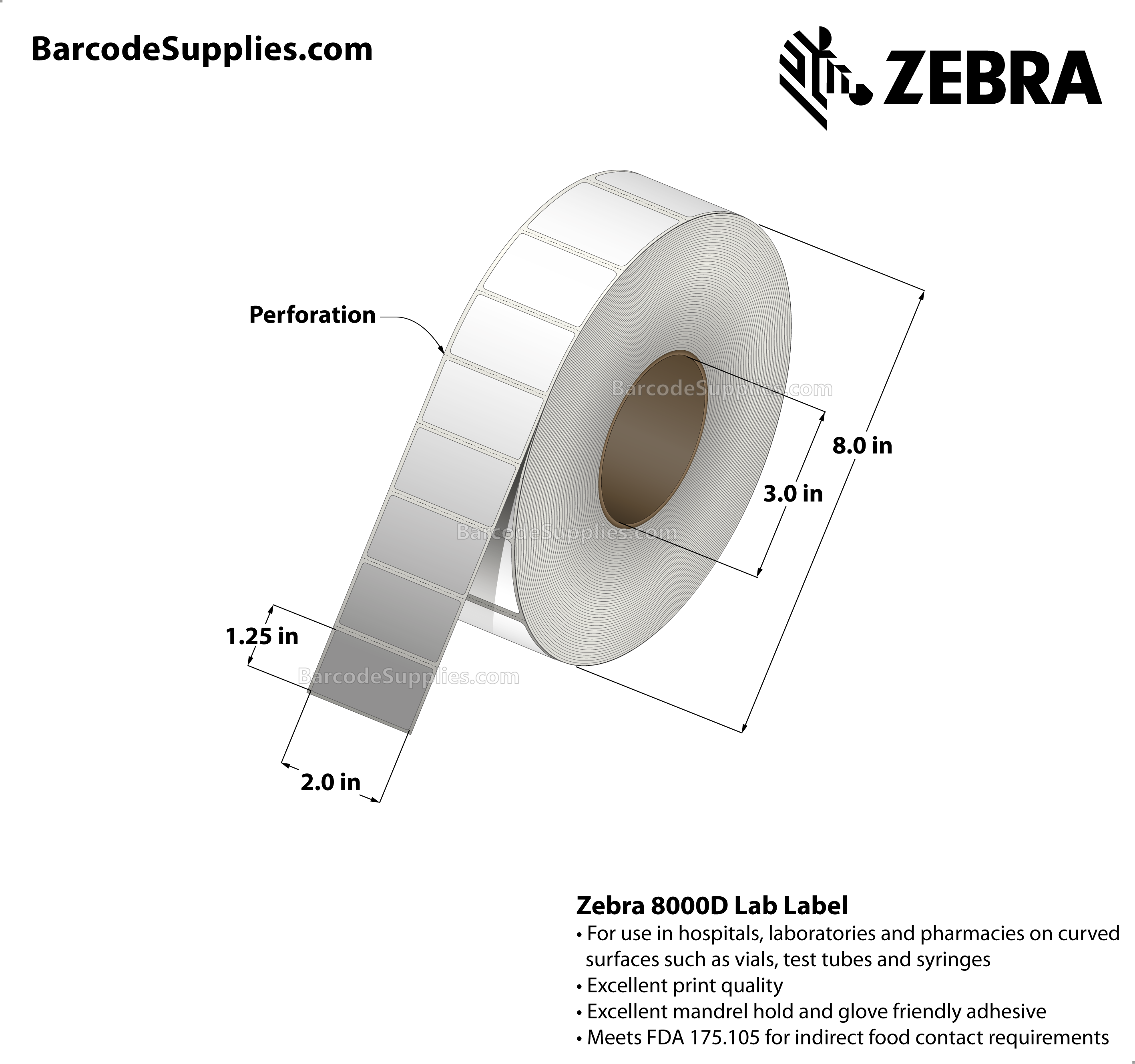 2 x 1.25 Direct Thermal White 8000D Lab Labels With Permanent Adhesive - Perforated - 3000 Labels Per Roll - Carton Of 6 Rolls - 18000 Labels Total - MPN: 10025472