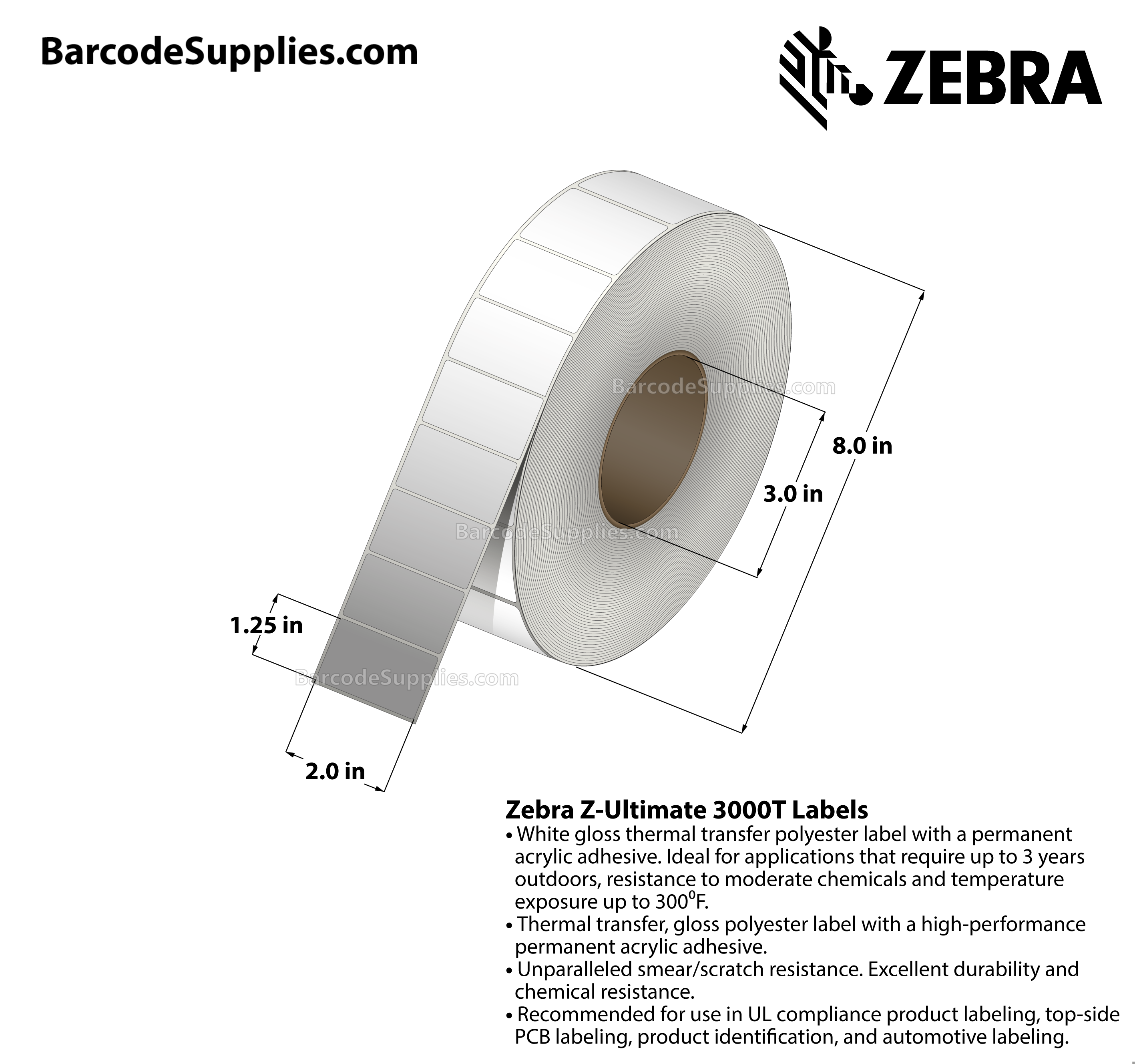 2 x 1.25 Thermal Transfer White Z-Ultimate 3000T Labels With Permanent Adhesive - Not Perforated - 4270 Labels Per Roll - Carton Of 4 Rolls - 17080 Labels Total - MPN: 10011698