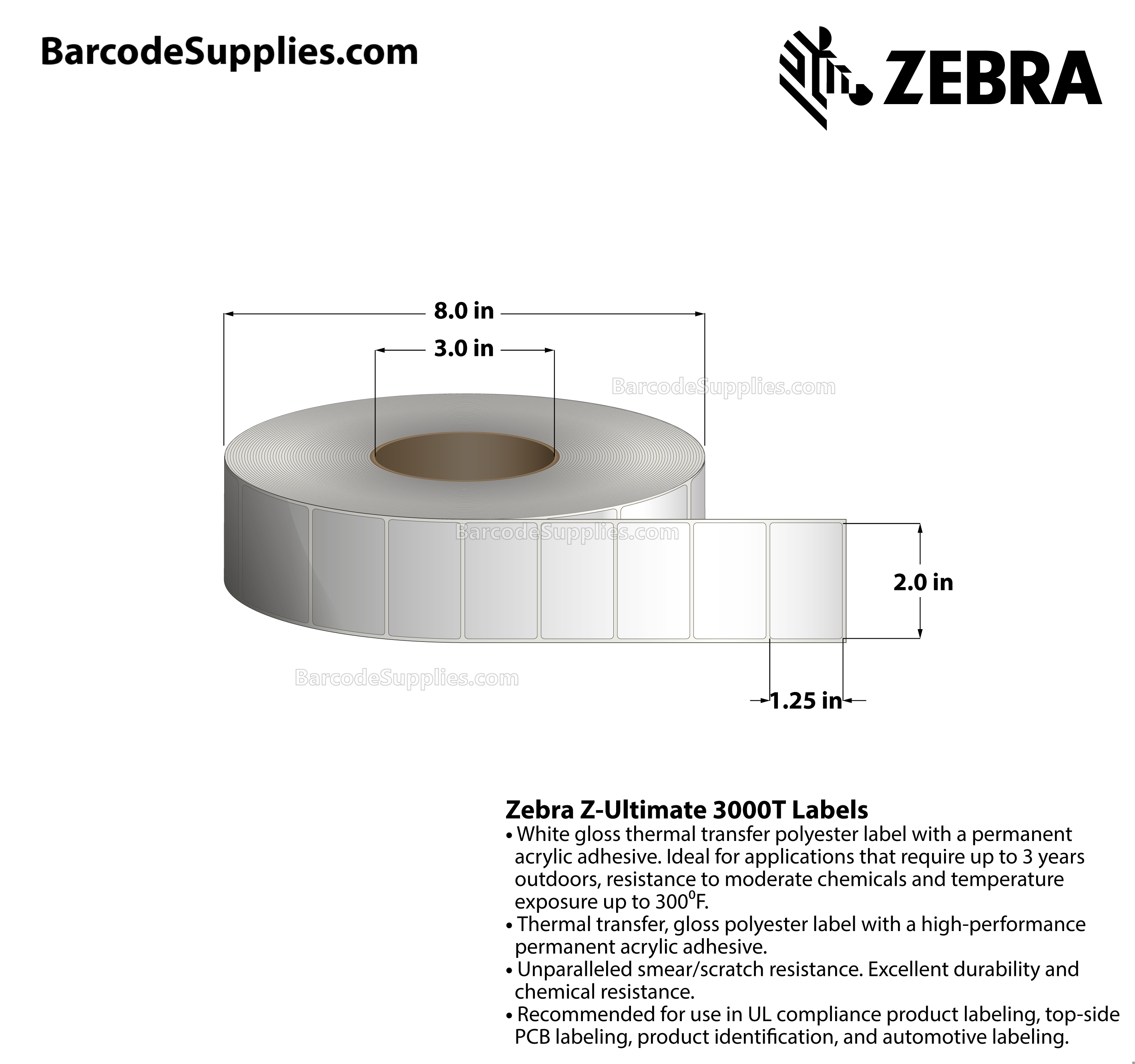 2 x 1.25 Thermal Transfer White Z-Ultimate 3000T Labels With Permanent Adhesive - Not Perforated - 4270 Labels Per Roll - Carton Of 4 Rolls - 17080 Labels Total - MPN: 10011698