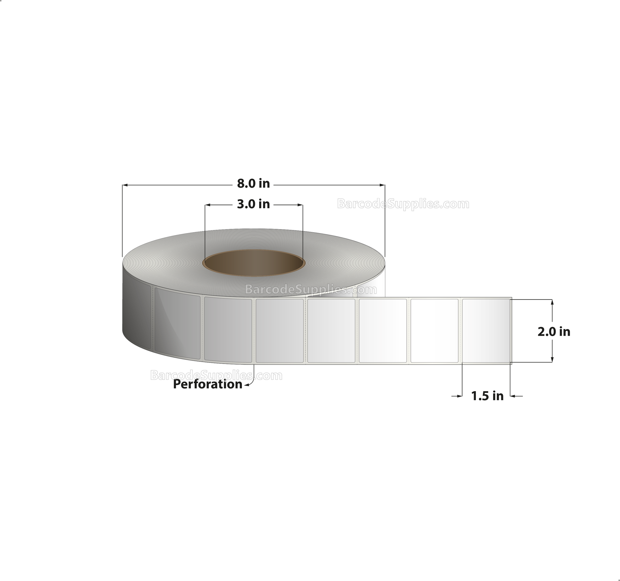 2 x 1.5 Direct Thermal White Labels With Acrylic Adhesive - Perforated - 3600 Labels Per Roll - Carton Of 8 Rolls - 28800 Labels Total - MPN: RD-2-15-3600-3 - BarcodeSource, Inc.