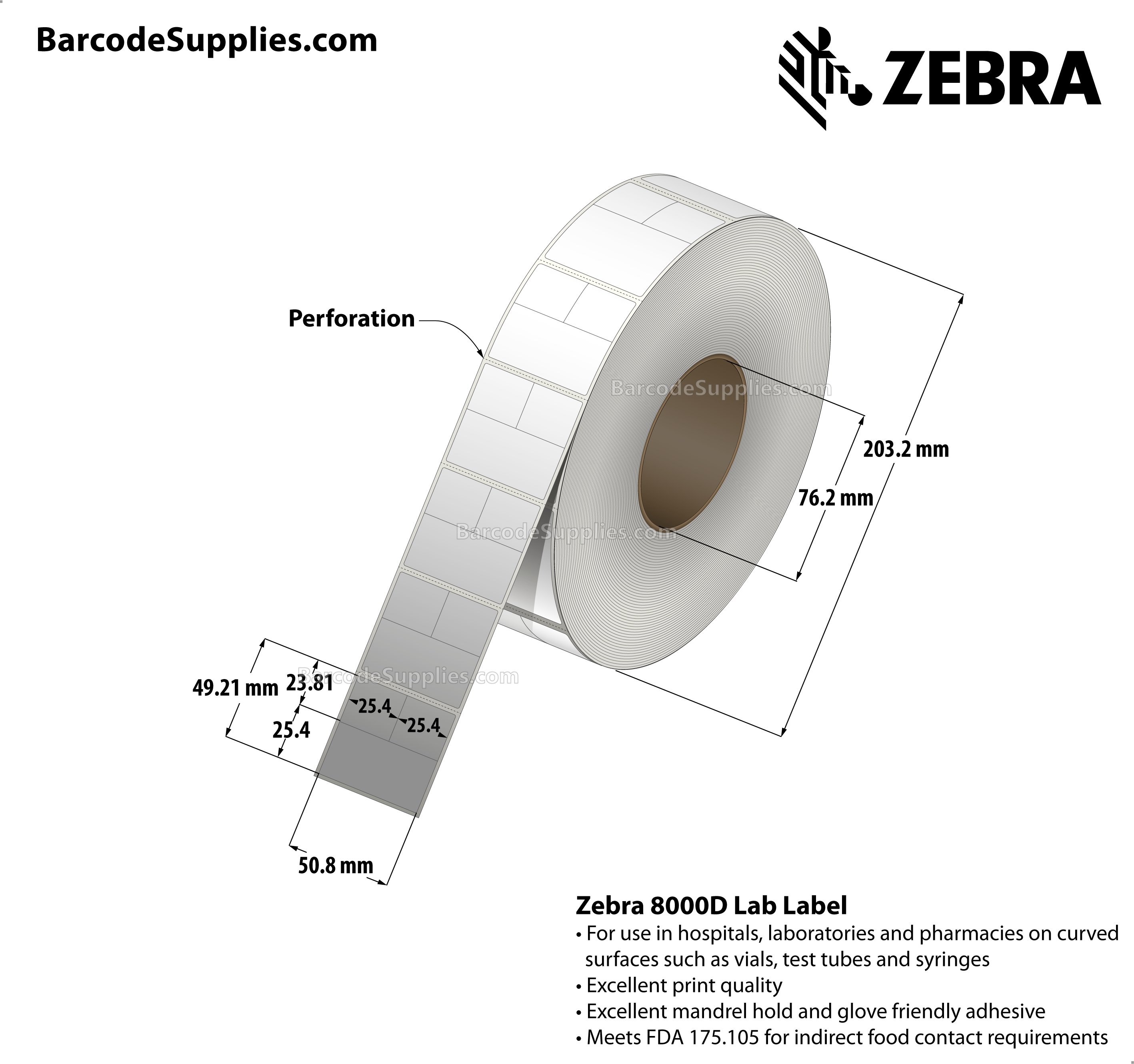2 x 1.9375 Direct Thermal White 8000D Lab Labels With Permanent Adhesive - Slits through facestock create three labels: (2) 1x0.9375 labels and (2) 2x1 labels - Perforated - 2700 Labels Per Roll - Carton Of 6 Rolls - 16200 Labels Total - MPN: 10025479