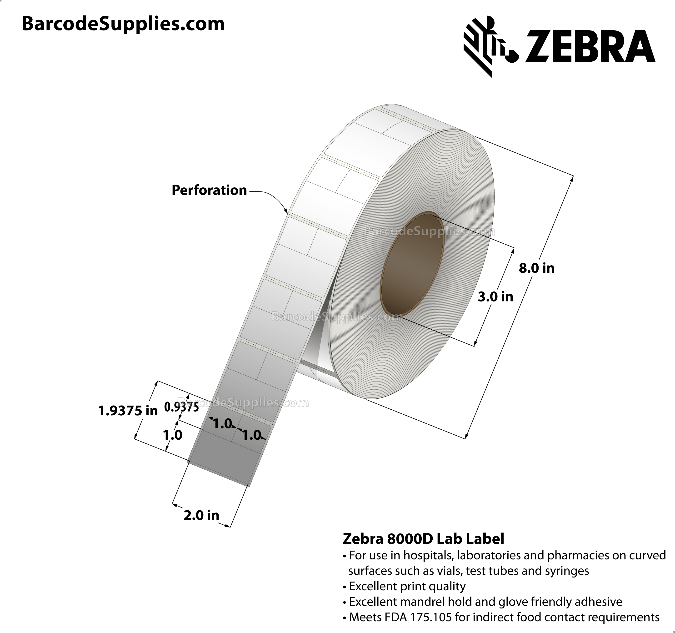 2 x 1.9375 Direct Thermal White 8000D Lab Labels With Permanent Adhesive - Slits through facestock create three labels: (2) 1x0.9375 labels and (2) 2x1 labels - Perforated - 2700 Labels Per Roll - Carton Of 6 Rolls - 16200 Labels Total - MPN: 10025479