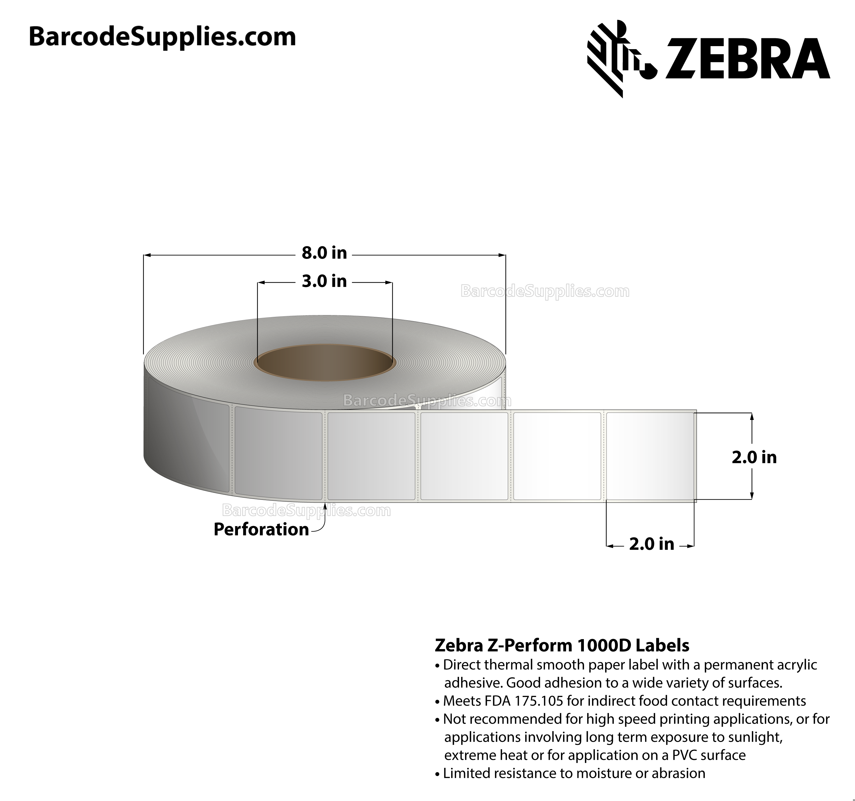 2 x 2 Direct Thermal White Z-Perform 1000D Labels With Permanent Adhesive - Perforated - 2765 Labels Per Roll - Carton Of 6 Rolls - 16590 Labels Total - MPN: 10028310