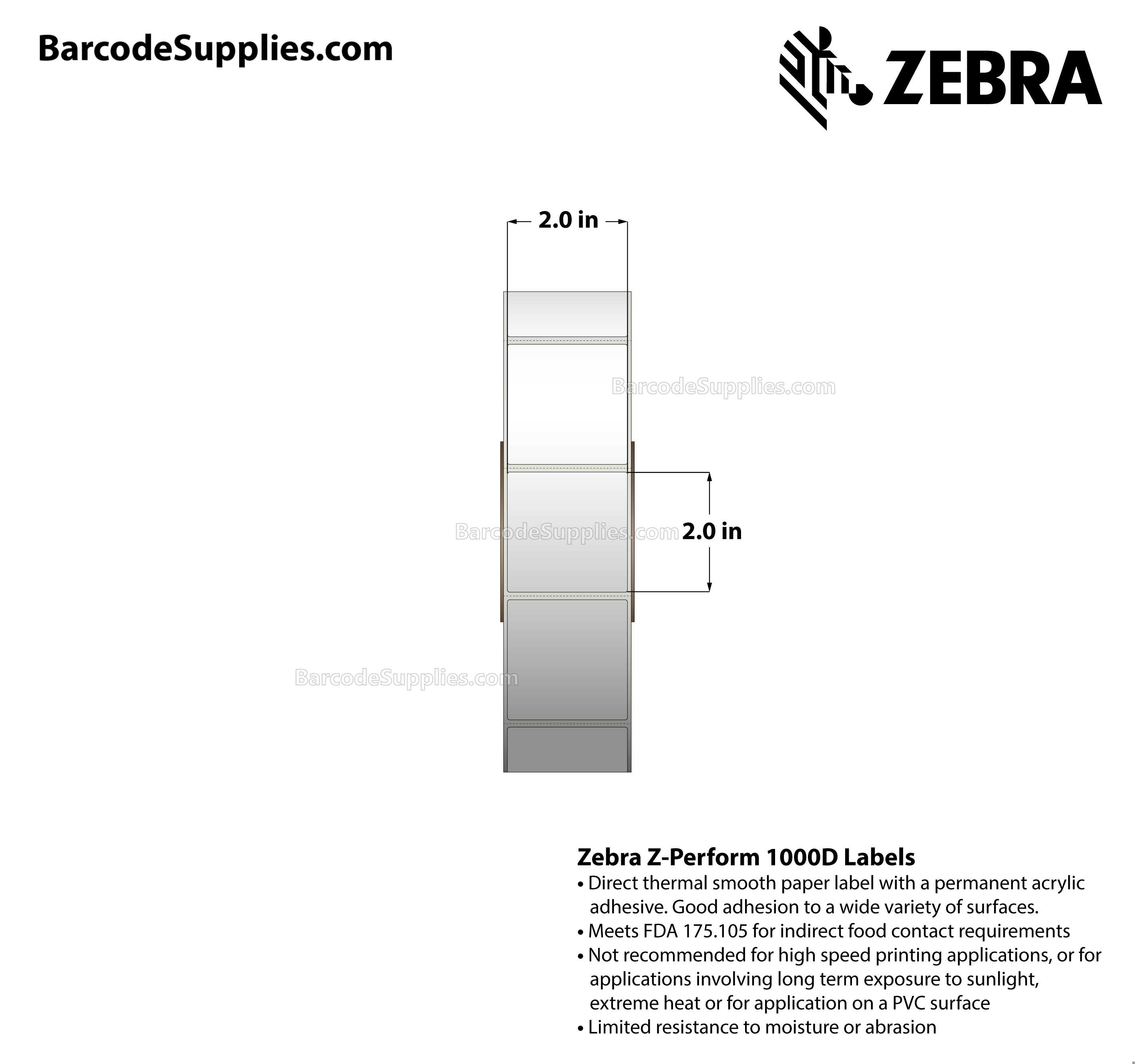 2 x 2 Direct Thermal White Z-Perform 1000D Labels With Permanent Adhesive - Perforated - 2765 Labels Per Roll - Carton Of 6 Rolls - 16590 Labels Total - MPN: 10028310