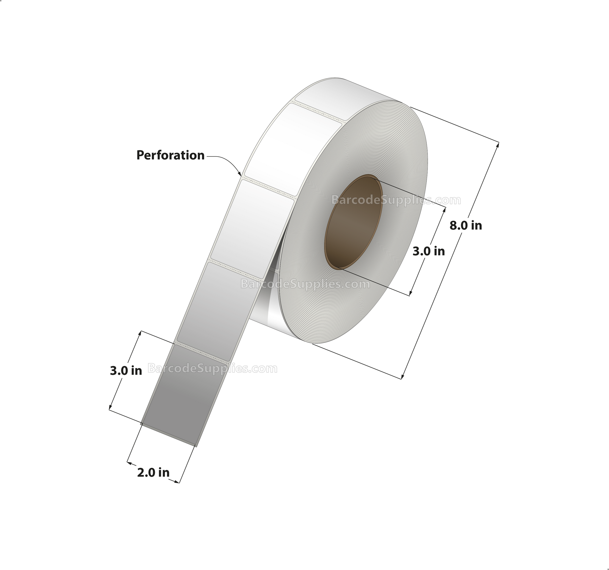 2 x 3 Thermal Transfer White Labels With Permanent Adhesive - Perforated - 1900 Labels Per Roll - Carton Of 8 Rolls - 15200 Labels Total - MPN: RT-2-3-1900-3