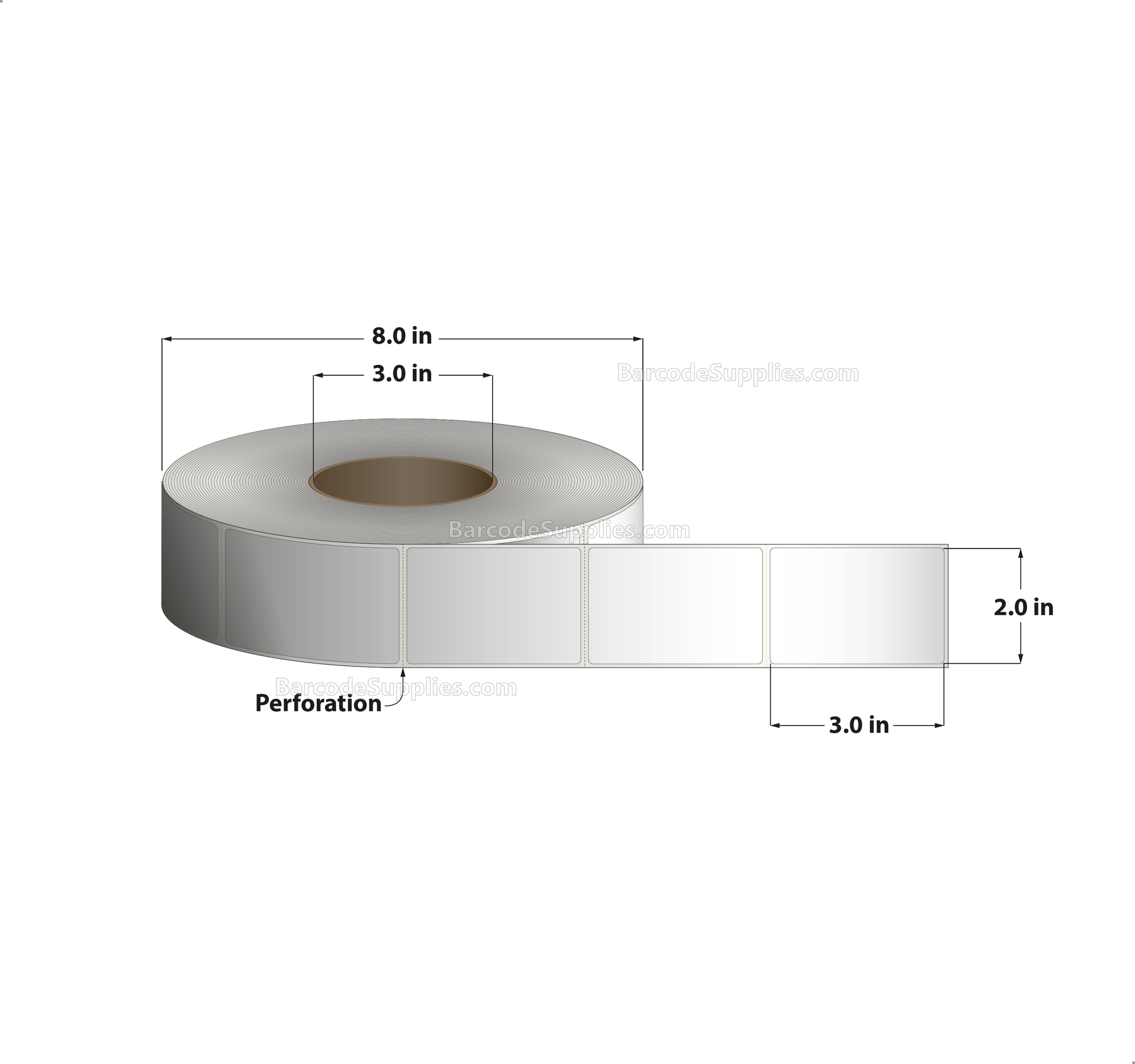 2 x 3 Direct Thermal White Labels With Acrylic Adhesive - Perforated - 1900 Labels Per Roll - Carton Of 8 Rolls - 15200 Labels Total - MPN: RD-2-3-1900-3 - BarcodeSource, Inc.