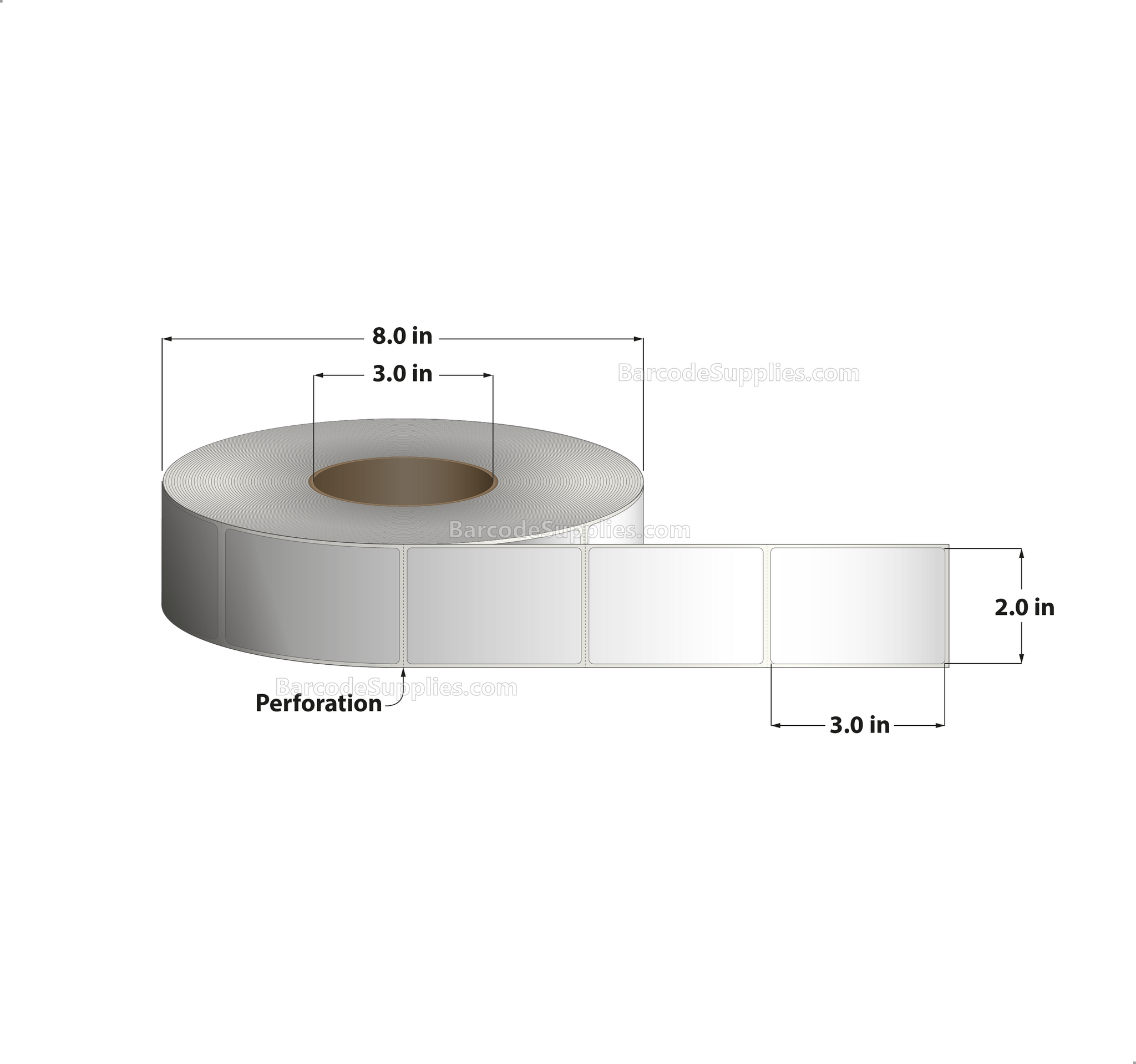 2 x 3 Thermal Transfer White Labels With Permanent Adhesive - Perforated - 1900 Labels Per Roll - Carton Of 8 Rolls - 15200 Labels Total - MPN: RT-2-3-1900-3