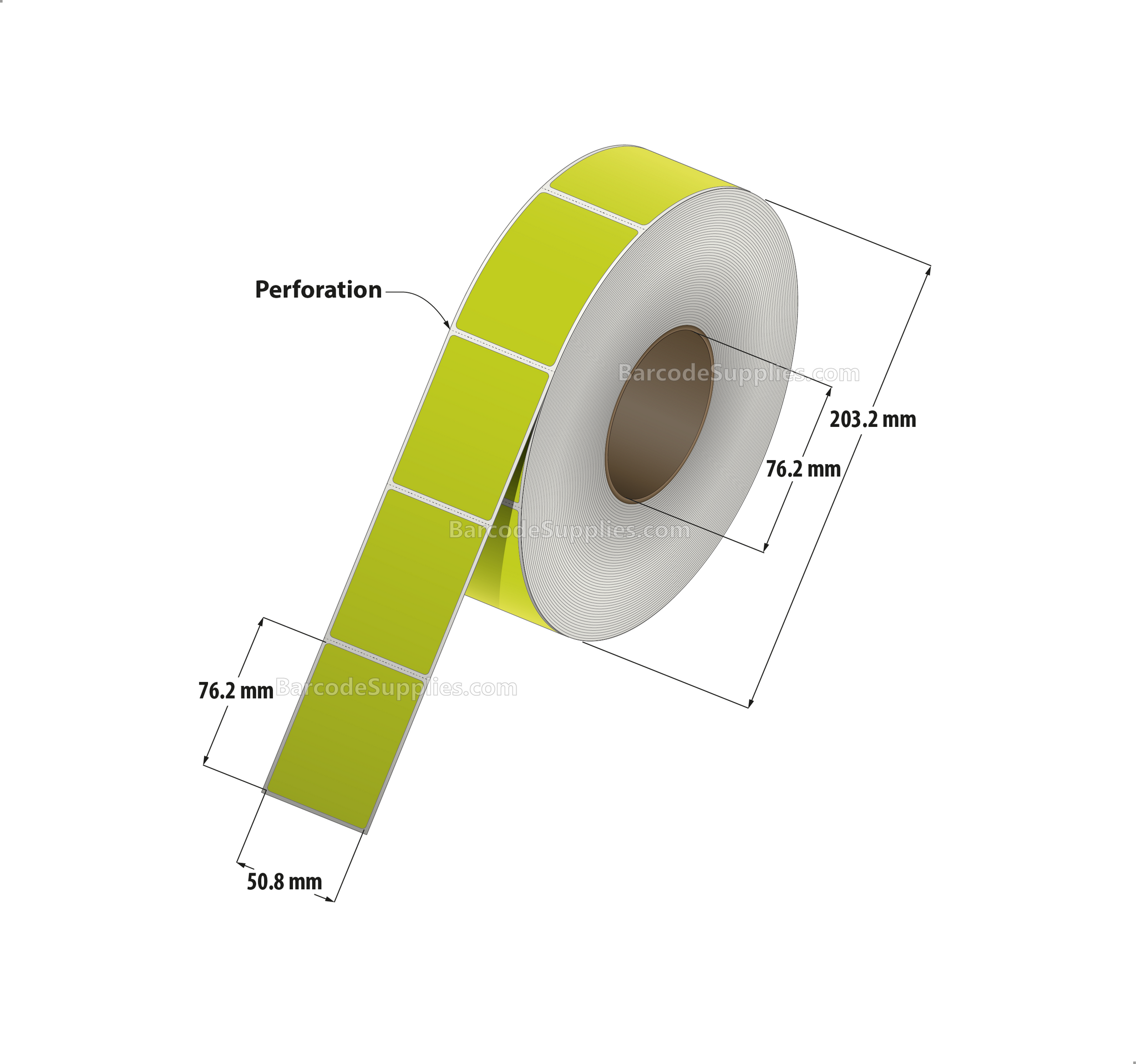 2 x 3 Thermal Transfer Fluorescent Chartreuse Labels With Permanent Adhesive - Perforated - 1900 Labels Per Roll - Carton Of 8 Rolls - 15200 Labels Total - MPN: FL-2-3-1900-CH