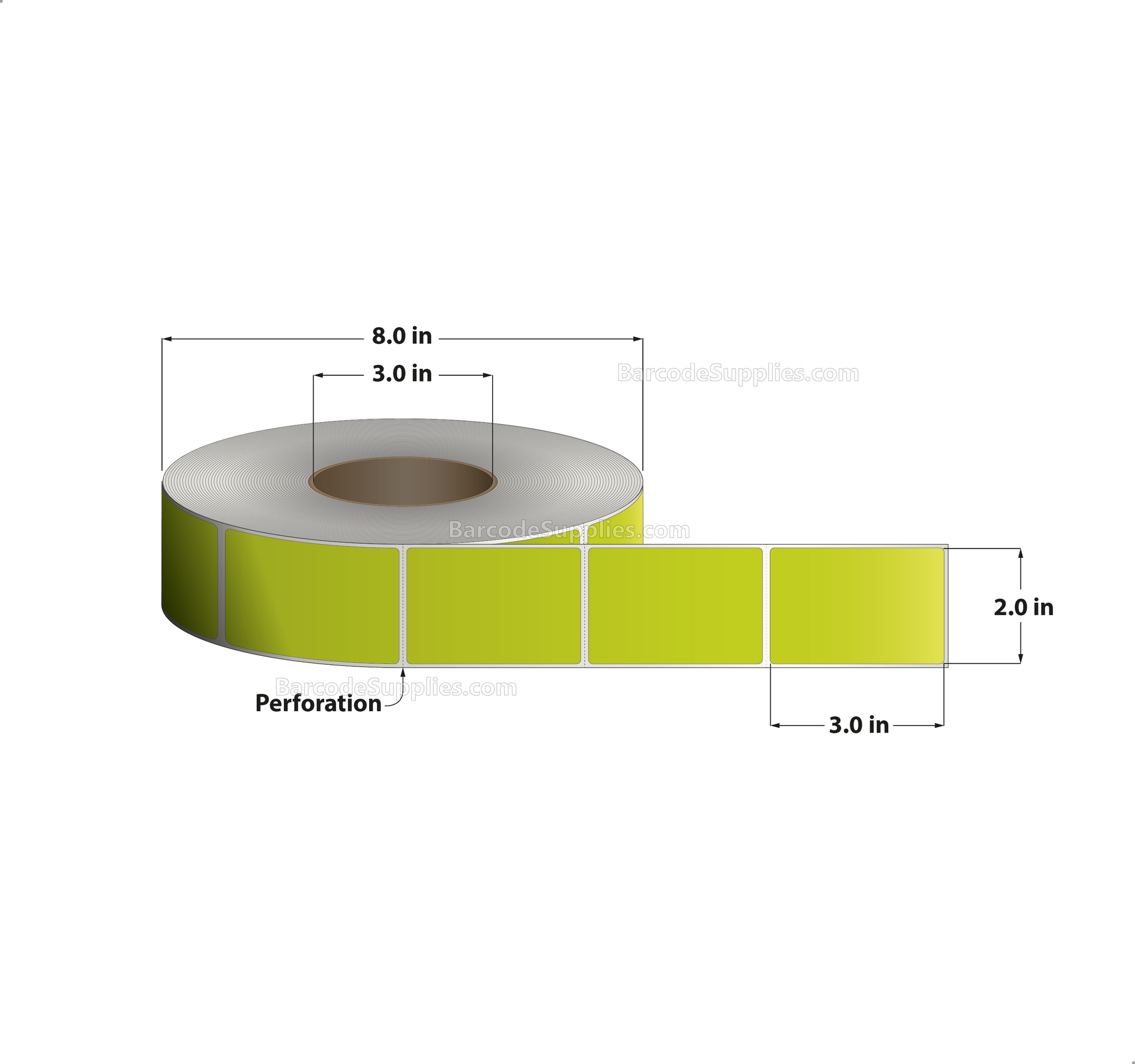 2 x 3 Thermal Transfer Fluorescent Chartreuse Labels With Permanent Adhesive - Perforated - 1900 Labels Per Roll - Carton Of 8 Rolls - 15200 Labels Total - MPN: FL-2-3-1900-CH