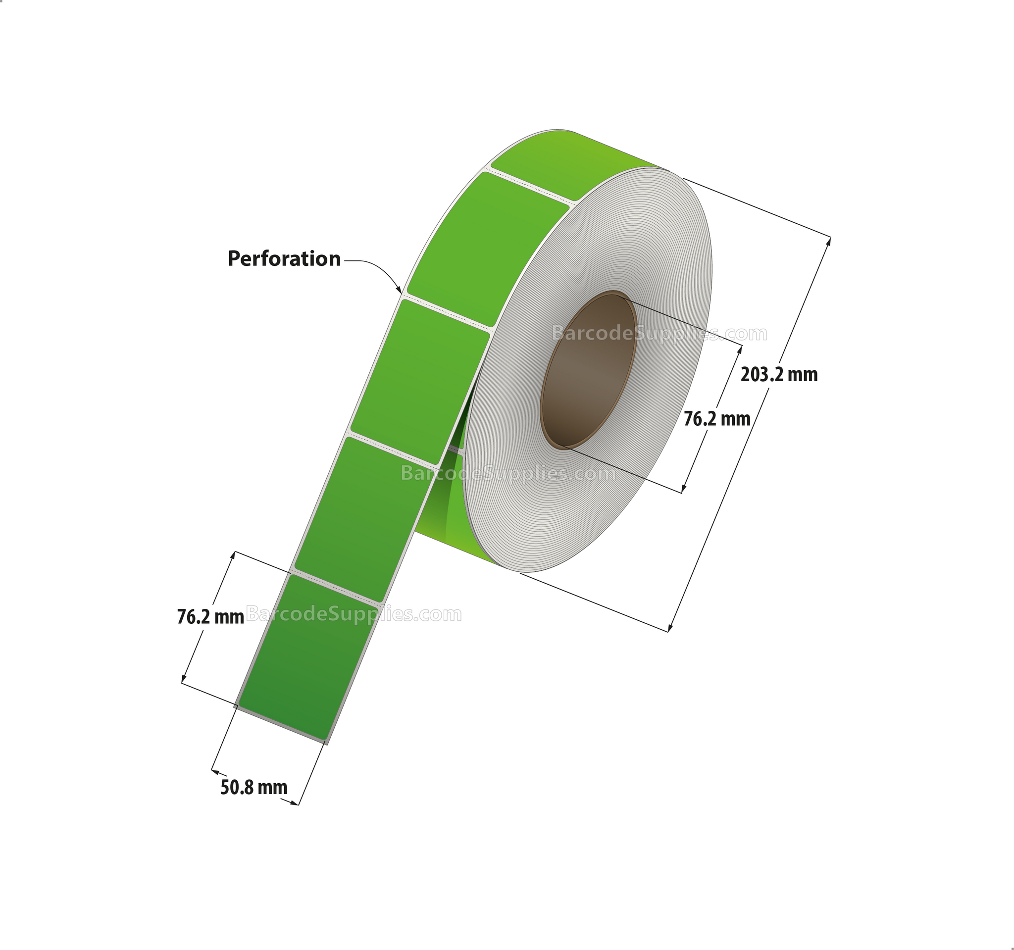 2 x 3 Thermal Transfer Fluorescent 802 Green Labels With Permanent Adhesive - Perforated - 1900 Labels Per Roll - Carton Of 8 Rolls - 15200 Labels Total - MPN: FL-2-3-1900-GR