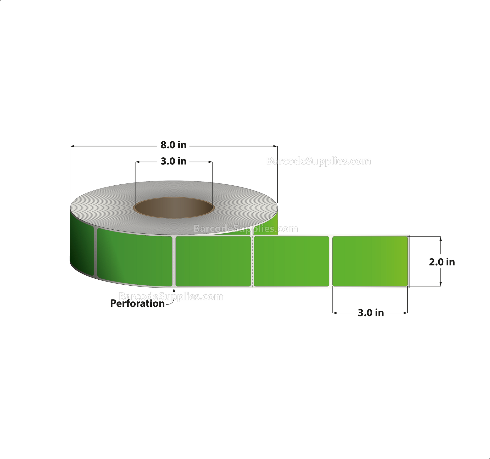 2 x 3 Thermal Transfer Fluorescent 802 Green Labels With Permanent Adhesive - Perforated - 1900 Labels Per Roll - Carton Of 8 Rolls - 15200 Labels Total - MPN: FL-2-3-1900-GR