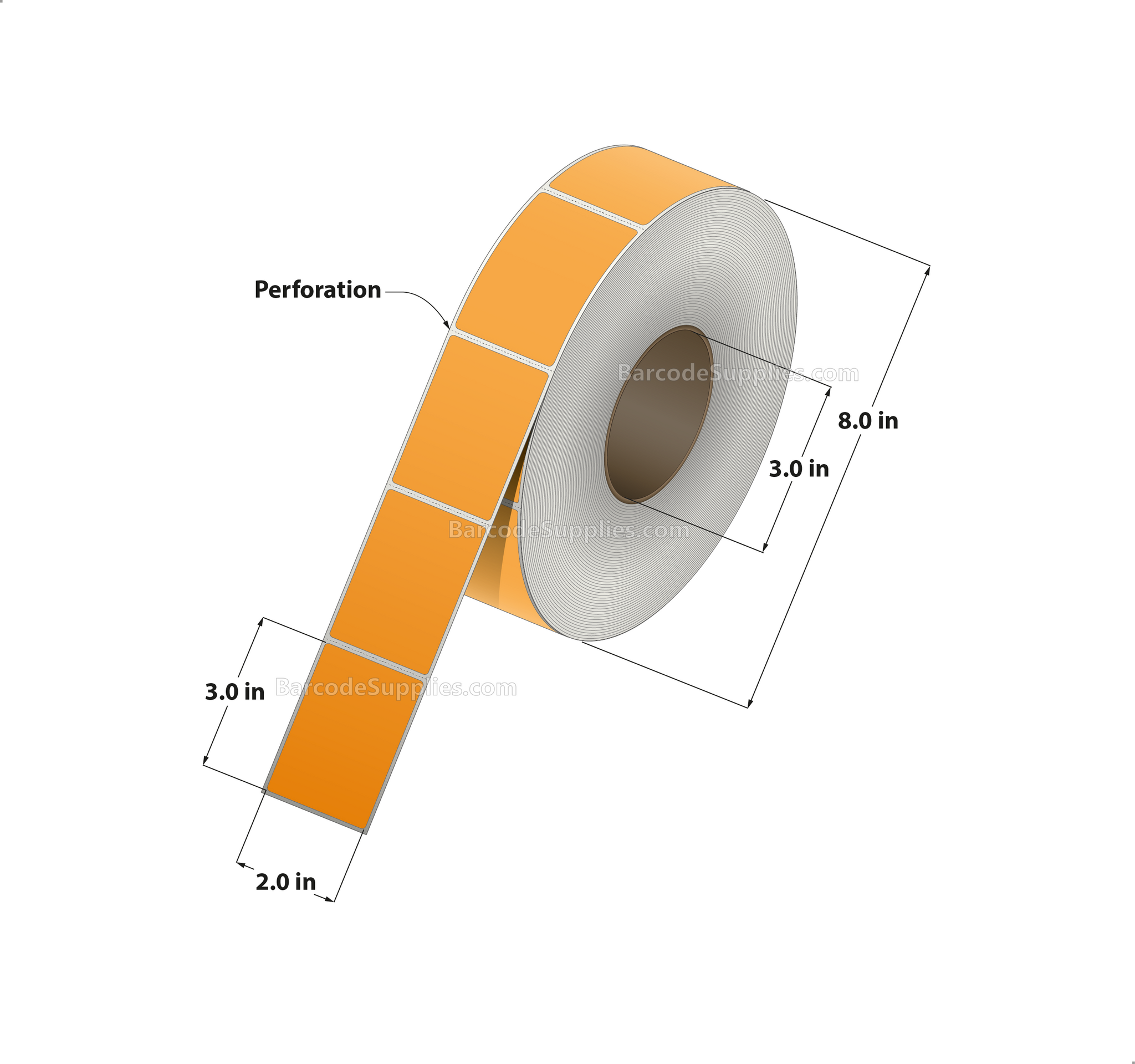 2 x 3 Thermal Transfer Fluorescent 804 Orange Labels With Permanent Adhesive - Perforated - 1900 Labels Per Roll - Carton Of 8 Rolls - 15200 Labels Total - MPN: FL-2-3-1900-OR